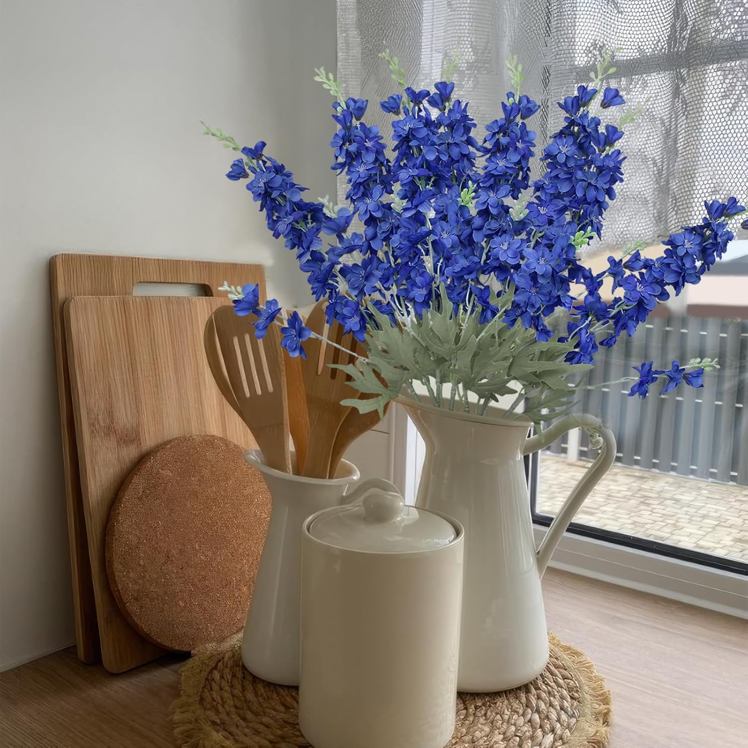 4Pcs Delphinium Artificial Flowers 33.5" Silk Flowers Bulk Larkspur Flower Long Stem Fake Delphinium Plant For Home Decor Tall Vase Autumn Floral Arrangement Centerpiece Bouquet Dark Blue