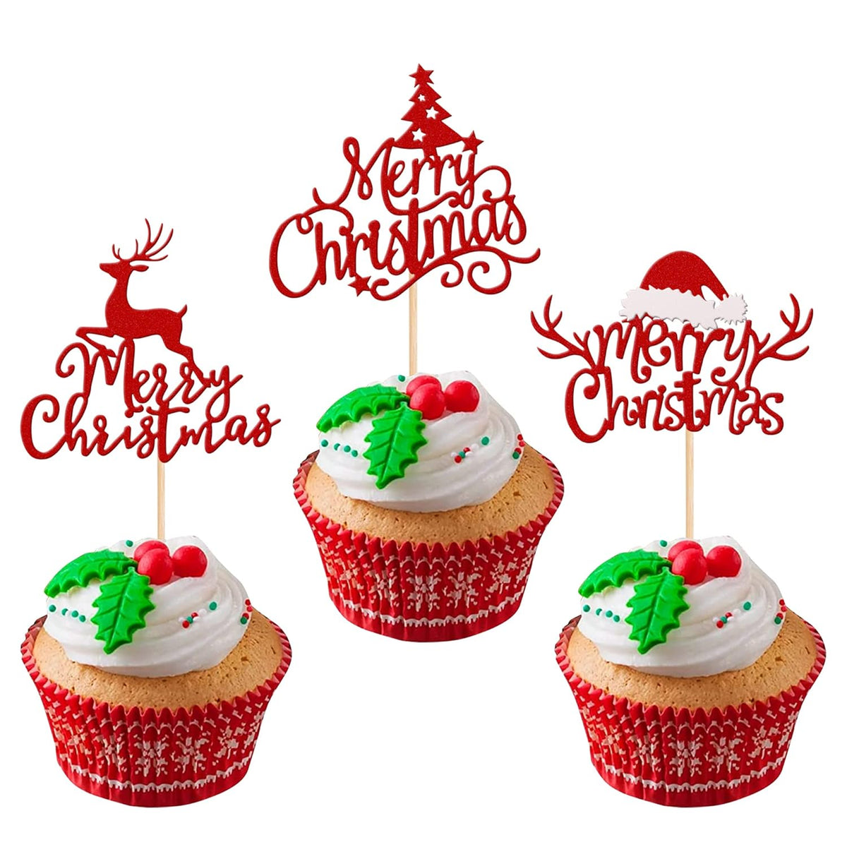 24 Pack Merry Christmas Cupcake Toppers Glitter Xmas Tree Santa Hat Deer Cupcake Picks Decoration For Winter Christmas Theme Xmas Holiday Birthday Party Supplies Red