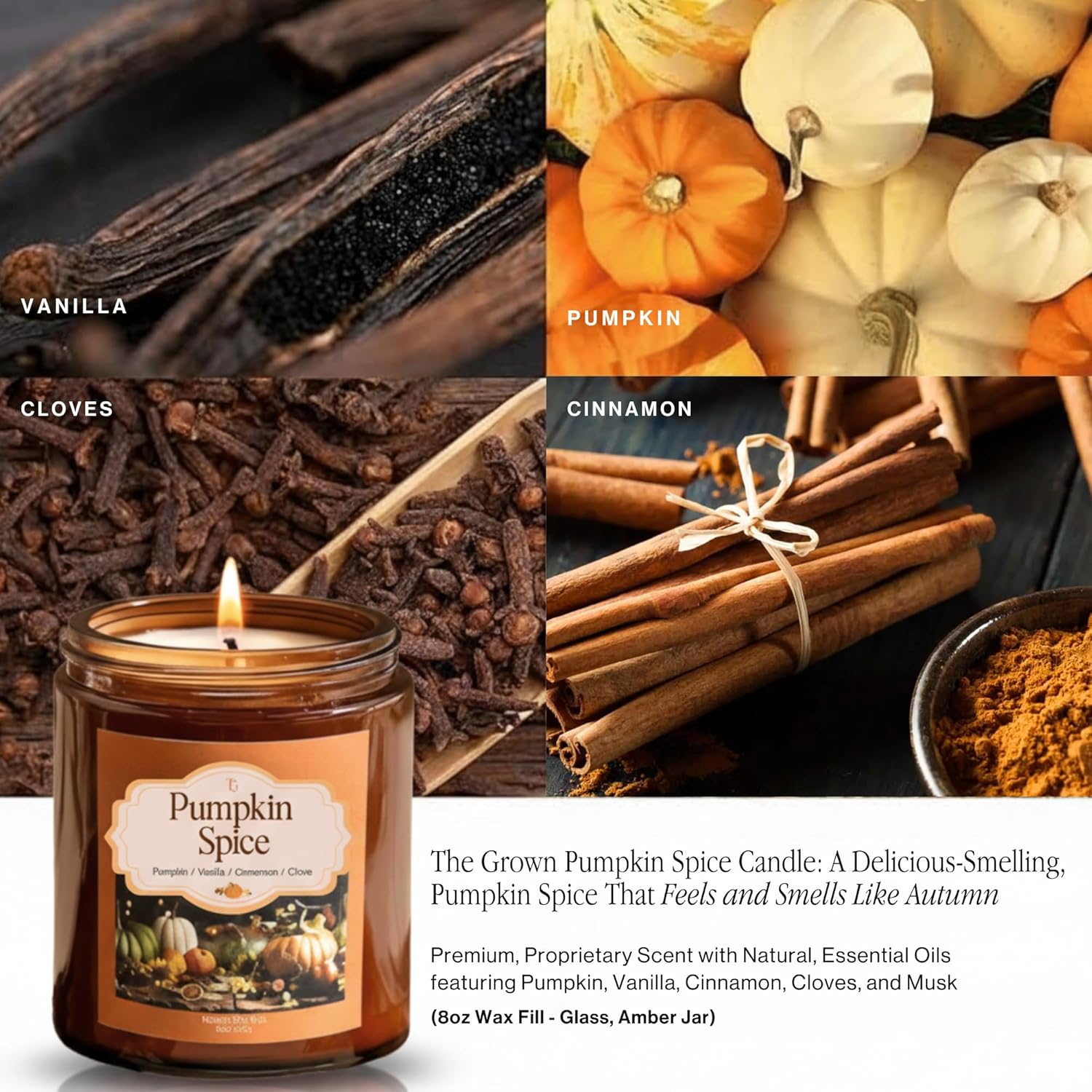 Pumpkin Candle 8Oz Jar, Pumpkin Spice Candles, Fall Candles, Fall Scented Candles, Natural Soy Candle Non Toxic, Long Burning, Refillable 8 Oz Glass Jars