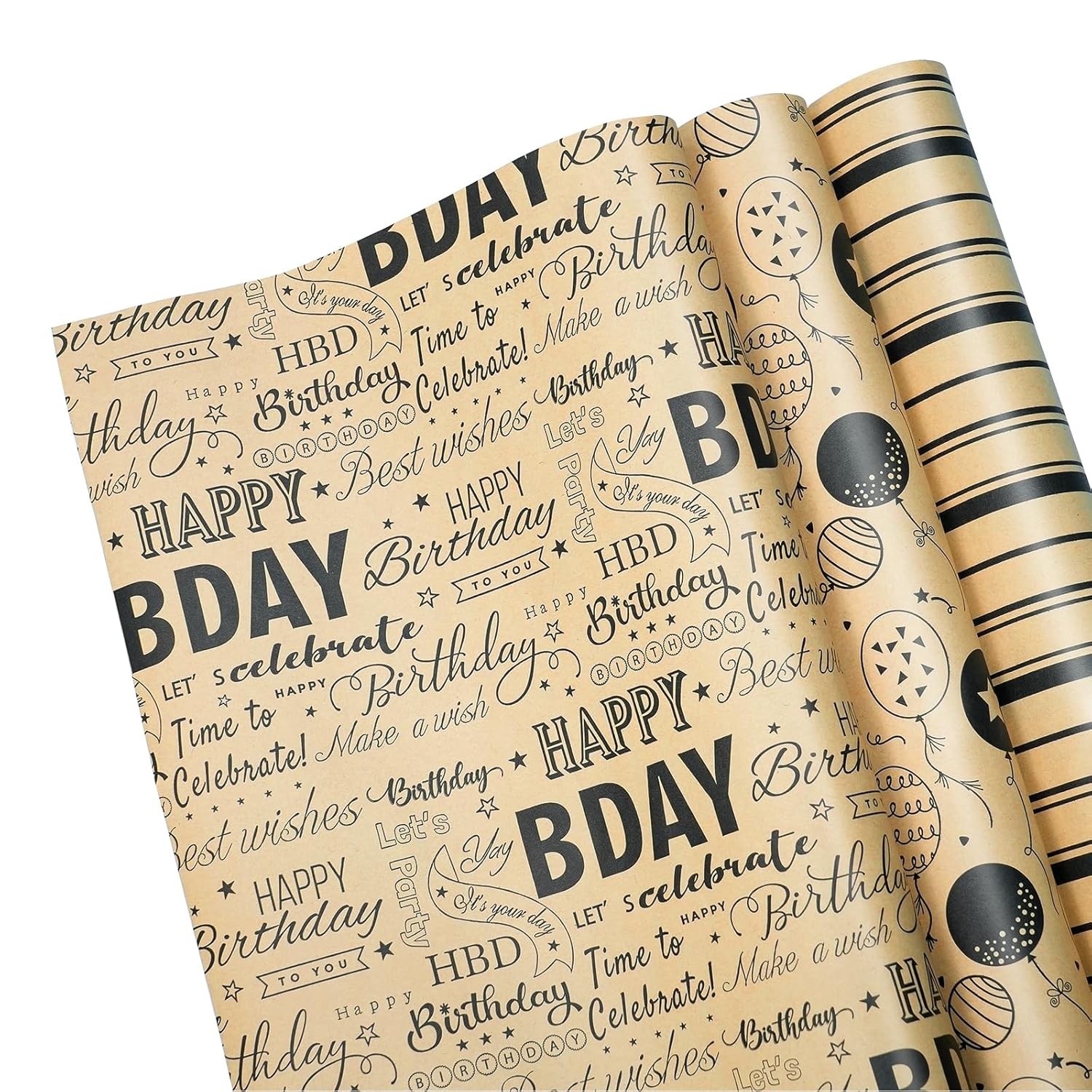 Birthday Wrapping Paper, 3 Rolls Kraft Wrapping Paper With Happy Birthday Font, Stripes, Balloons Pattern Assortment ?17 Inch X 120 Inch (10 Feet) Per Roll
