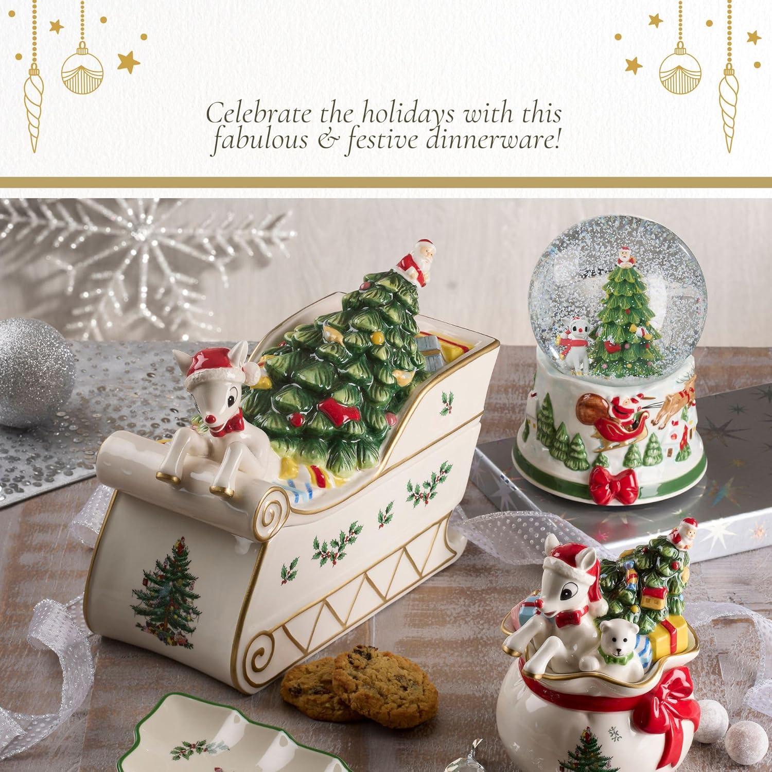 Christmas Tree Rudolph Cookie Jar - 11" Dolomite Nostalgic Christmas Cookie Jar With Lid - Festive Candy Jar For Kitchen Counter, Holiday Cookie Container, Reindeer-Themed Seasonal Home Decor