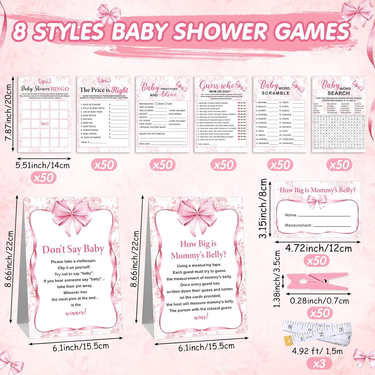 407 Pcs Coquette Pink Bow Baby Shower Games, 8 Games, Baby Shower, Word Scramble, Word Search, Predictions And Advice, The Price Is Right, How Big Is Mommy'S Belly