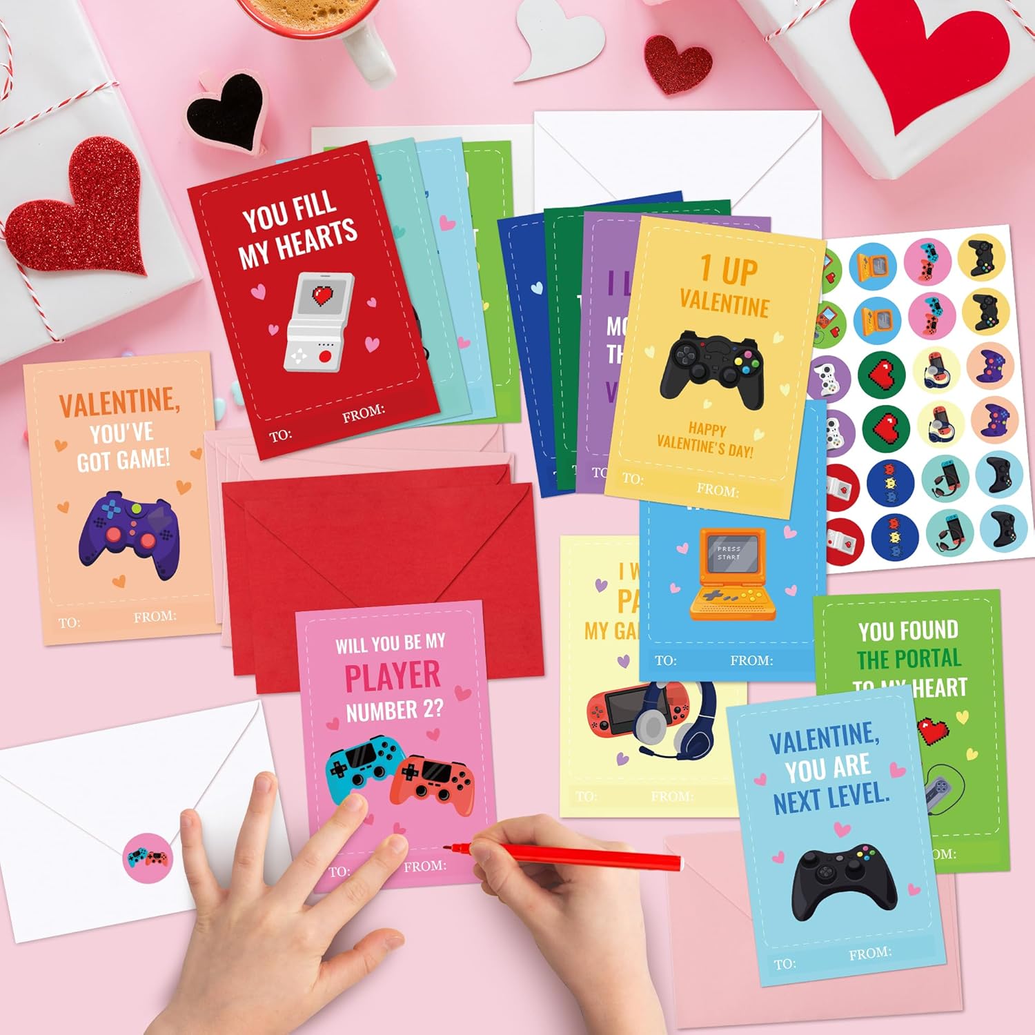 144Pcs Valentines Day Cards For Kids Includes 48 Video Game Theme Greeting Cards 48 Red Pink White Envelopes 48 Cute Stickers For School Classroom Exchange Gifts For Girls Boys Party Favor
