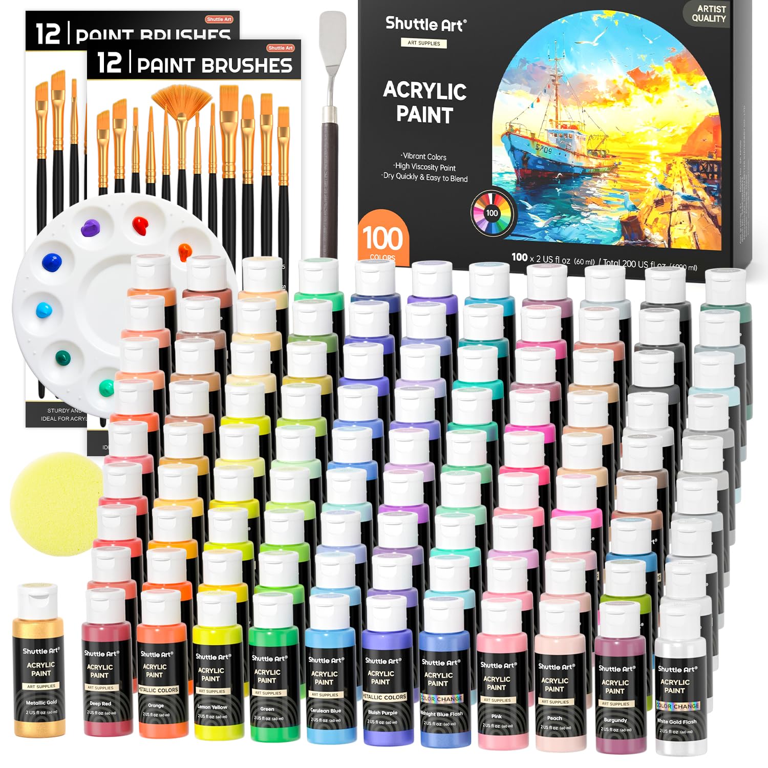 100 Colors Acrylic Paint, 2Oz/60Ml Bottles, Include 2 Sets Of 12 Paint Brushes, 1 Art Sponge & Palette, Premium For Artists, Beginners & Kids On Canvas Rocks Wood Ceramic