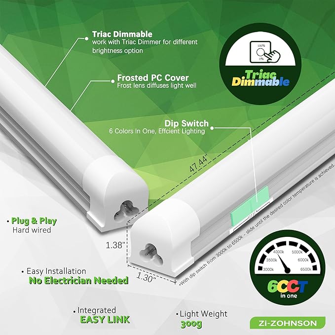 6 Pack Dimmable 4FT LED Shop Lights 30W 4500LM 6CCT Tunable Linkable Plug In Fixtures