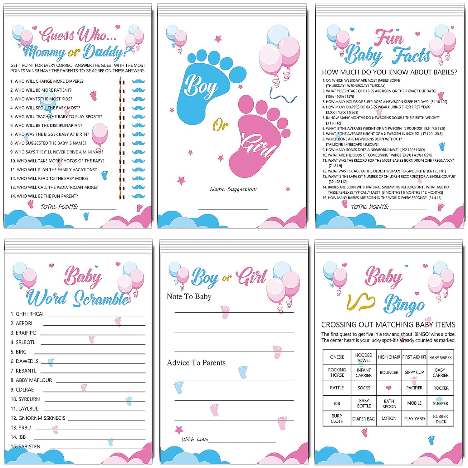 75Pcs Gender Reveal Games For Guests, 6 Funny Games For Boy Or Girl Gender Reveal Decorations Idea Baby Prediction Cards, Mommy Or Daddy