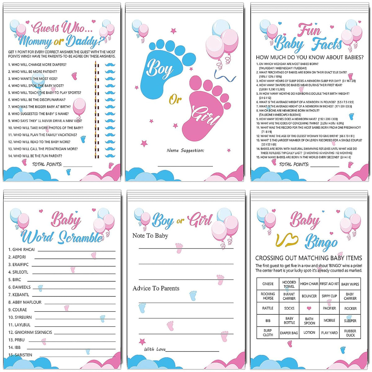 75Pcs Gender Reveal Games For Guests, 6 Funny Games For Boy Or Girl Gender Reveal Decorations Idea Baby Prediction Cards, Mommy Or Daddy