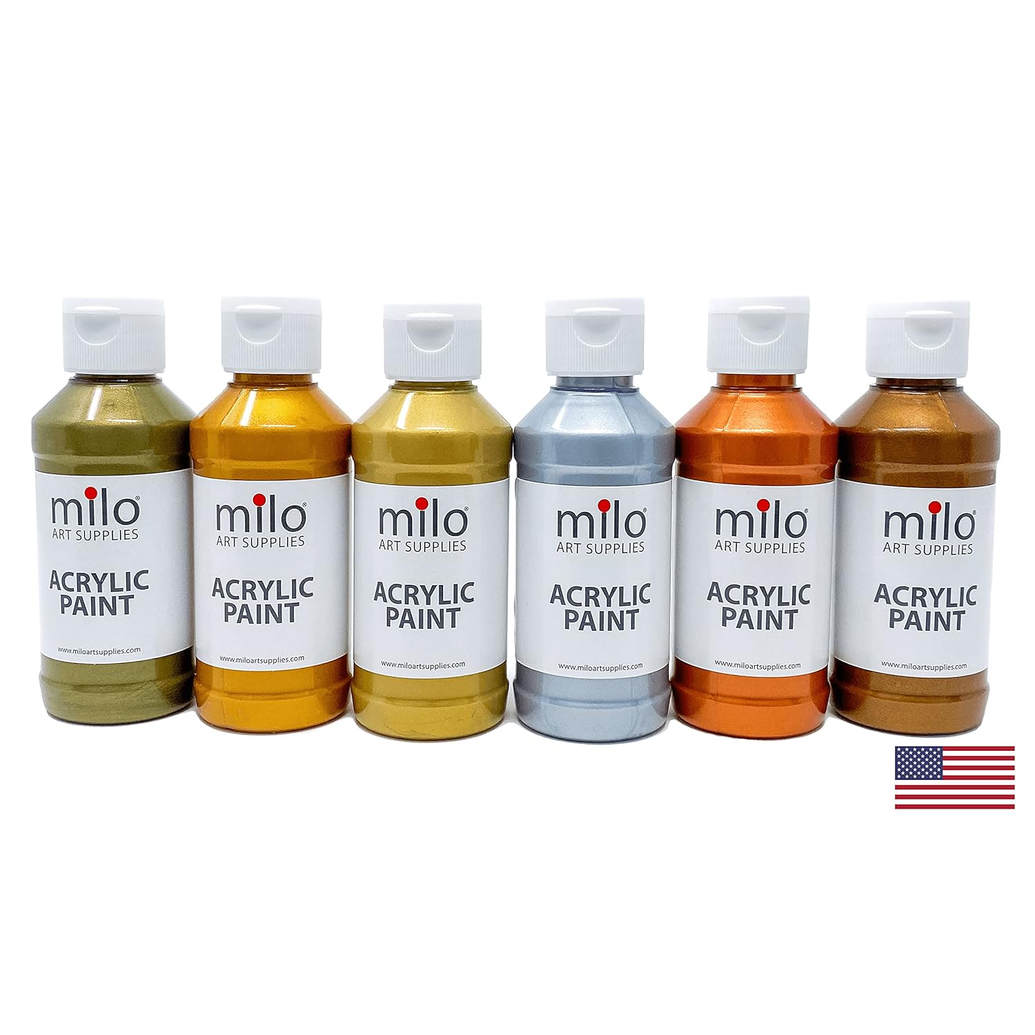milo Metallic Acrylic Paint Set of 6 Colors | 4 oz Bottles | Student Metallic Colors Acrylics Painting Pack | Made in the USA | Non-Toxic Arts & Crafts Paints for Artists & Hobby Painters