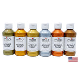 milo Metallic Acrylic Paint Set of 6 Colors | 4 oz Bottles | Student Metallic Colors Acrylics Painting Pack | Made in the USA | Non-Toxic Arts & Crafts Paints for Artists & Hobby Painters