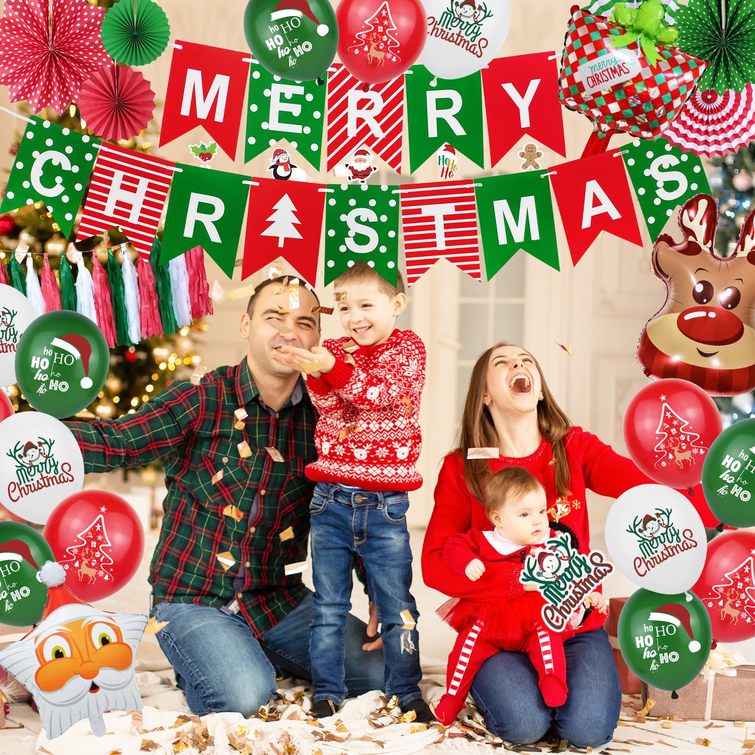 Christmas Party Balloon Set,Christmas Party Decorations Supplies Set, Reusable Indoor Kit With Merry Christmas Banner, Snowman Garland, Balloons, Hanging Swirls, Tissue Fan Flower, 55 Pieces