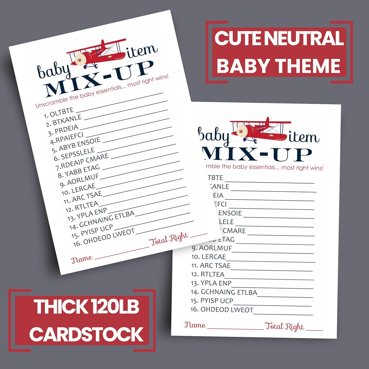 Airplane Baby Shower Games For Boys - Word Scramble Activity - Fun Gender Neutral Baby Shower Game For Guests - Adventure Theme In Red And Blue - 25 Cards, 4X6