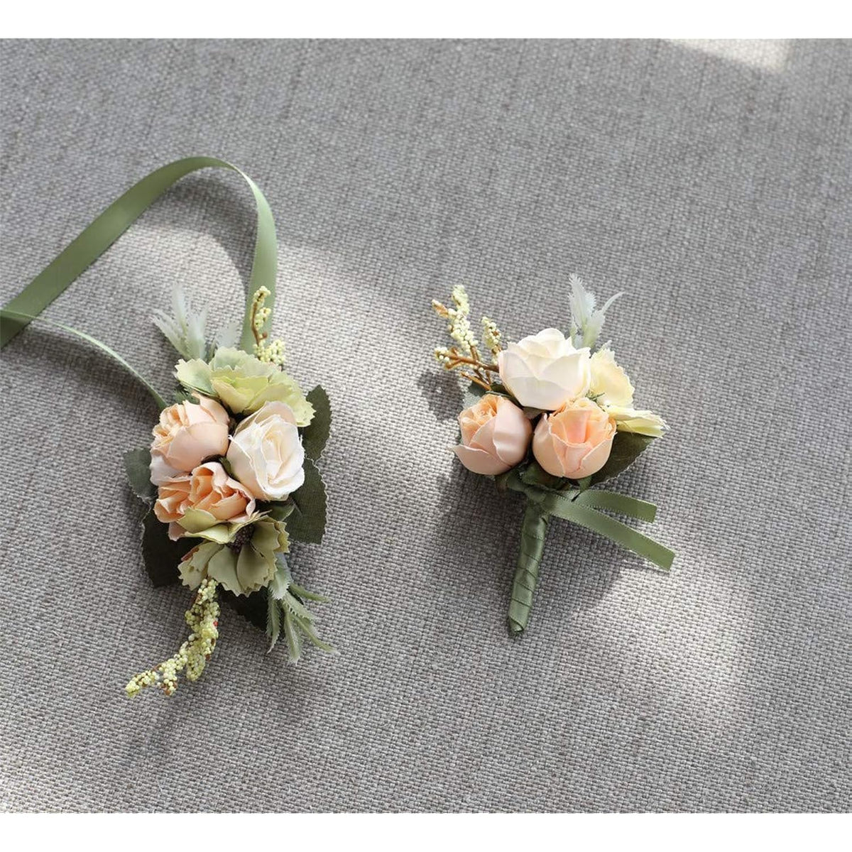 Rose Wedding Wrist Corsage And Boutonniere Set Party Prom Hand Ribbon Flower Suit Decor (Champagne)