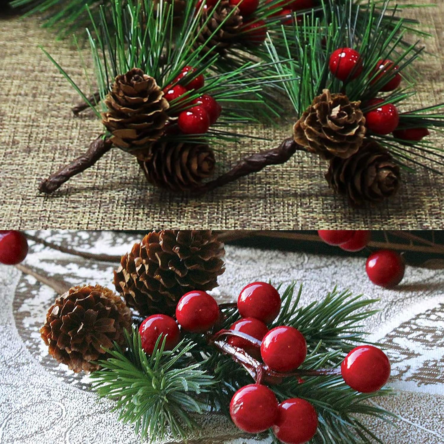 20Pcs Artificial Pine Picks Christmas Simulation Pine Needle Small Berries Pinecones For Flower Arrangements Wreaths Wedding Garden Xmas Tree Decorations (Red)