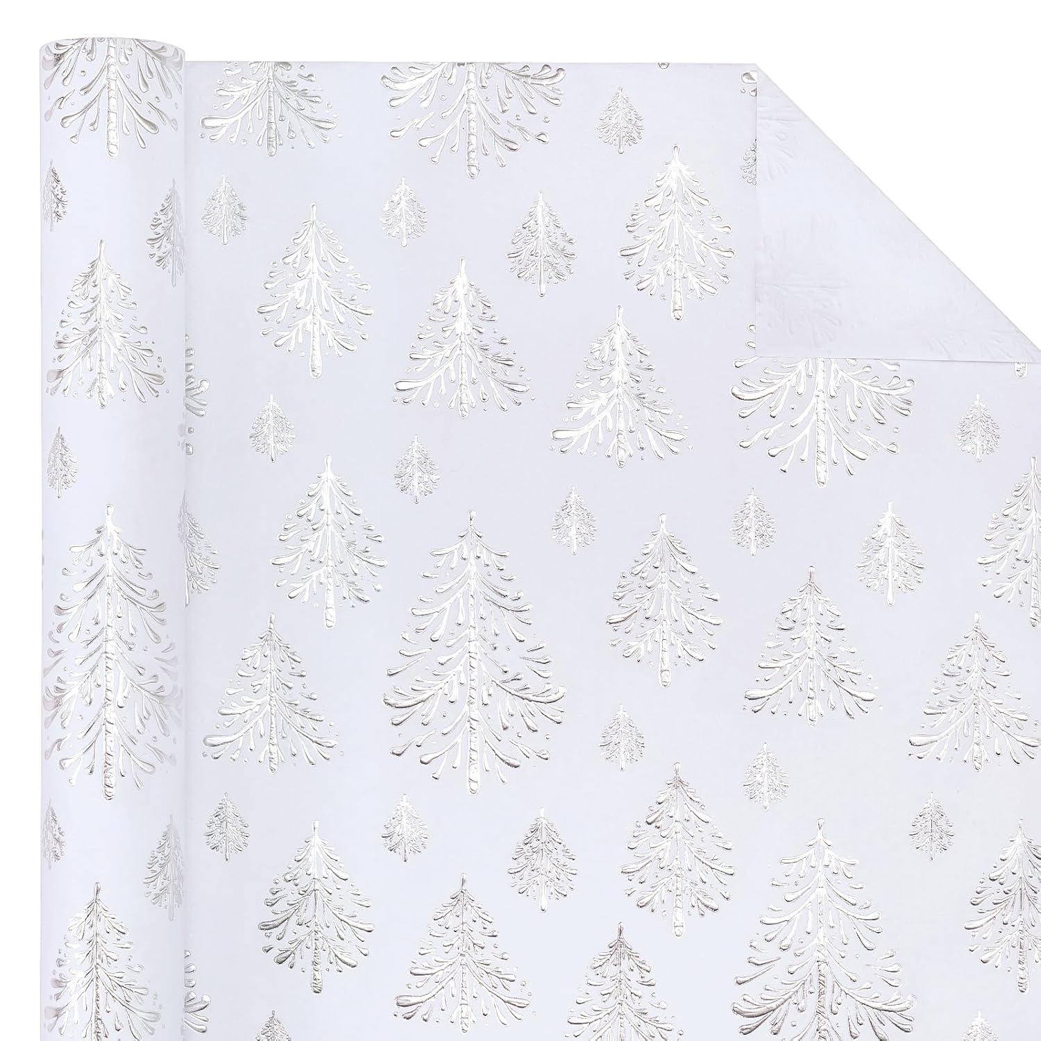 3D Kraft Christmas Wrapping Paper Roll - Mini Roll - 17 Inch X 16.5 Feet - Silver And White Christmas Tree Wrapping Paper With Embossed Perfect For Holiday, Party Celebration