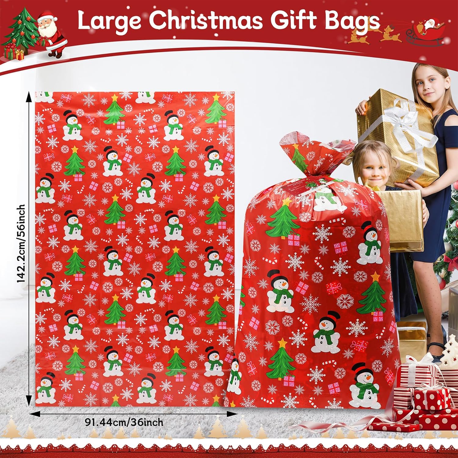 Large Christmas Gift Bags - 3 Pcs Jumbo Christmas Bags 56"X36" - Big Santa Gift Bags For Giant Gifts - Heavy Duty Plastic Xmas Bags For Presents
