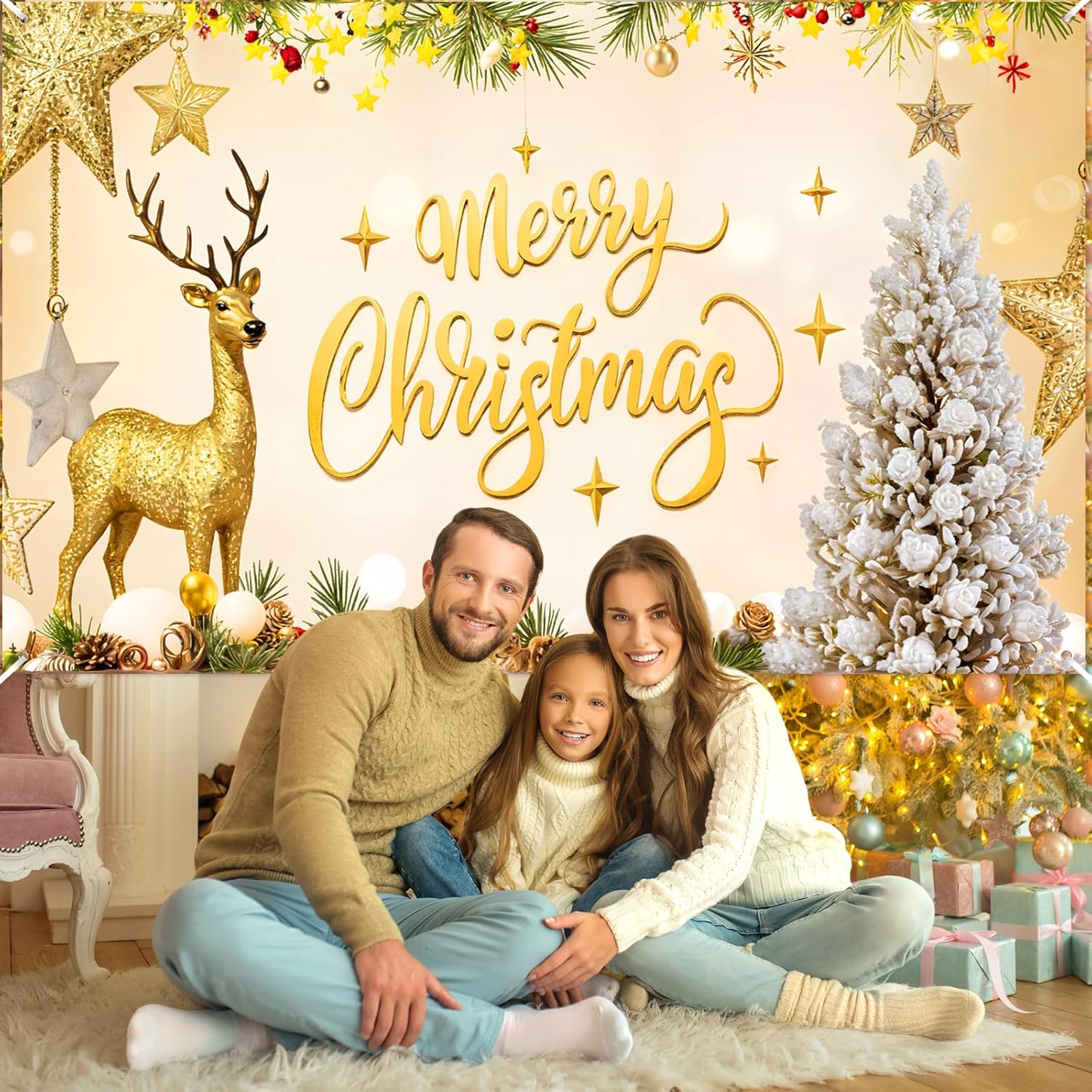 Gold Glitter Merry Christmas Banner - Large Sign For Indoor/Outdoor Decor