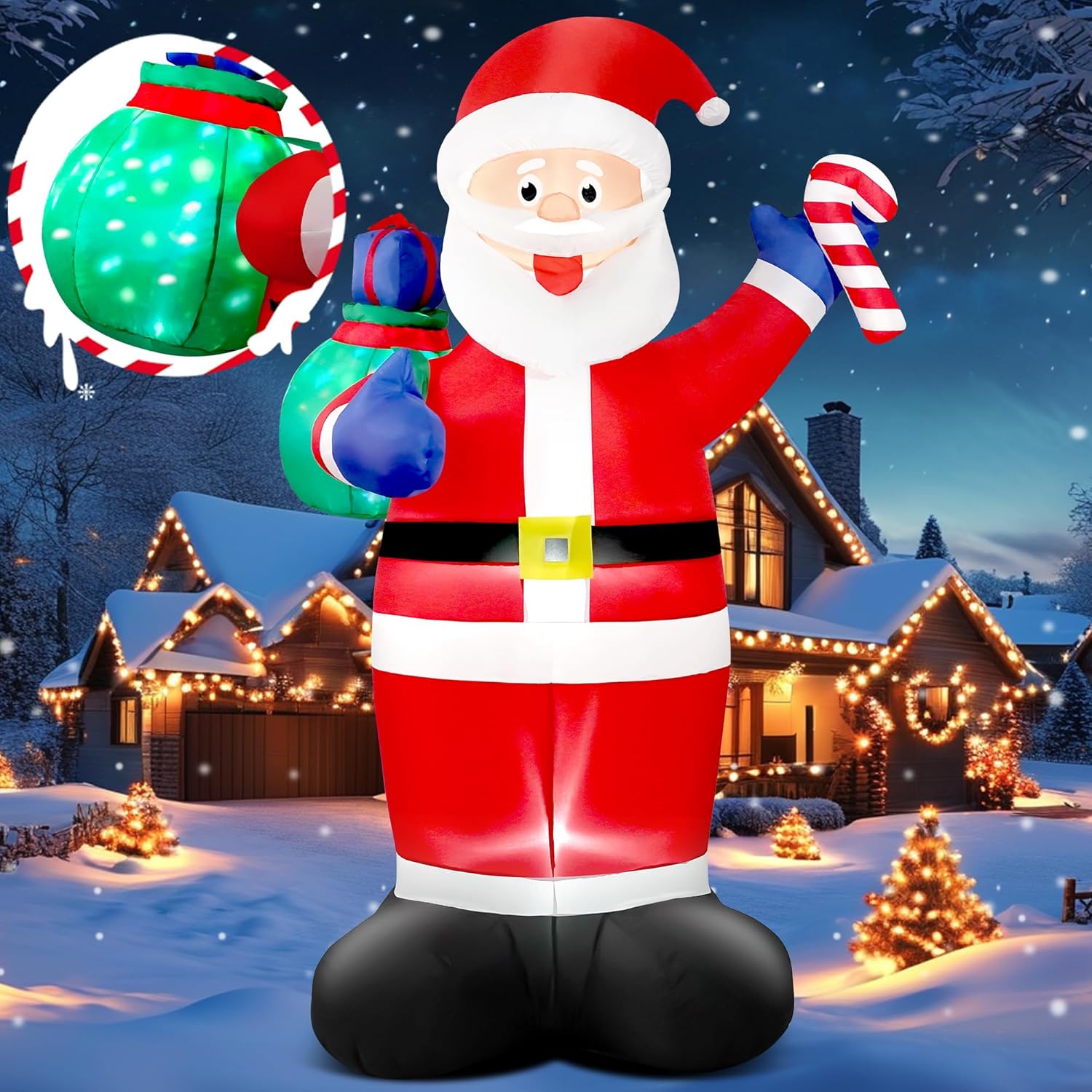 8 Ft Christmas Inflatable Santa Claus With Big Flashing Gift Bag Outdoor Decor, Giant Blow Up Santa With Candy Ip44 Weat