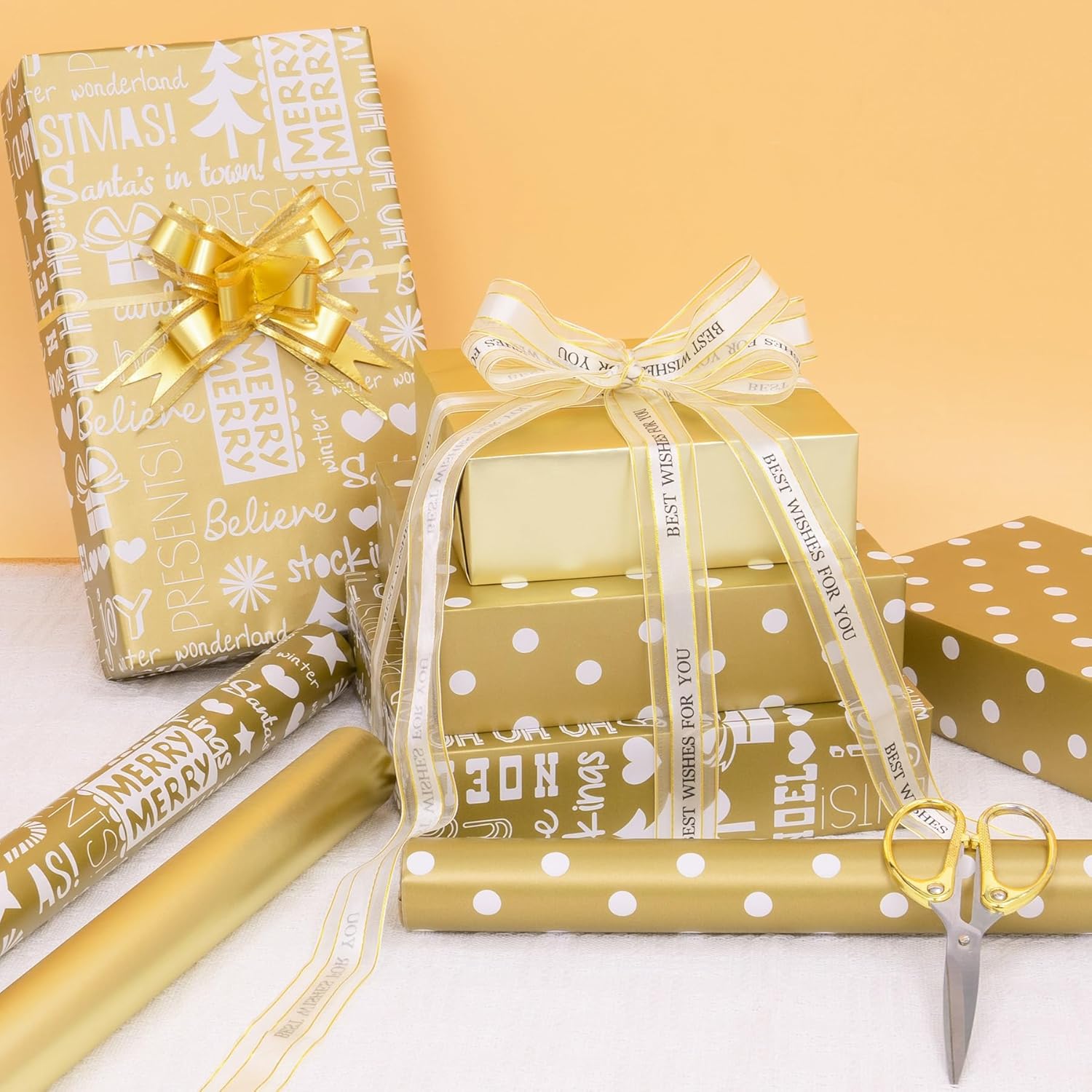 Christmas Wrapping Paper, 3 Mini Rolls White Gold Gift Wrapping Paper 17In X 120In, Metallic Solid Gold Wrapping Paper With Polka Dots Merry Christmas Design For New Year Holiday Birthday