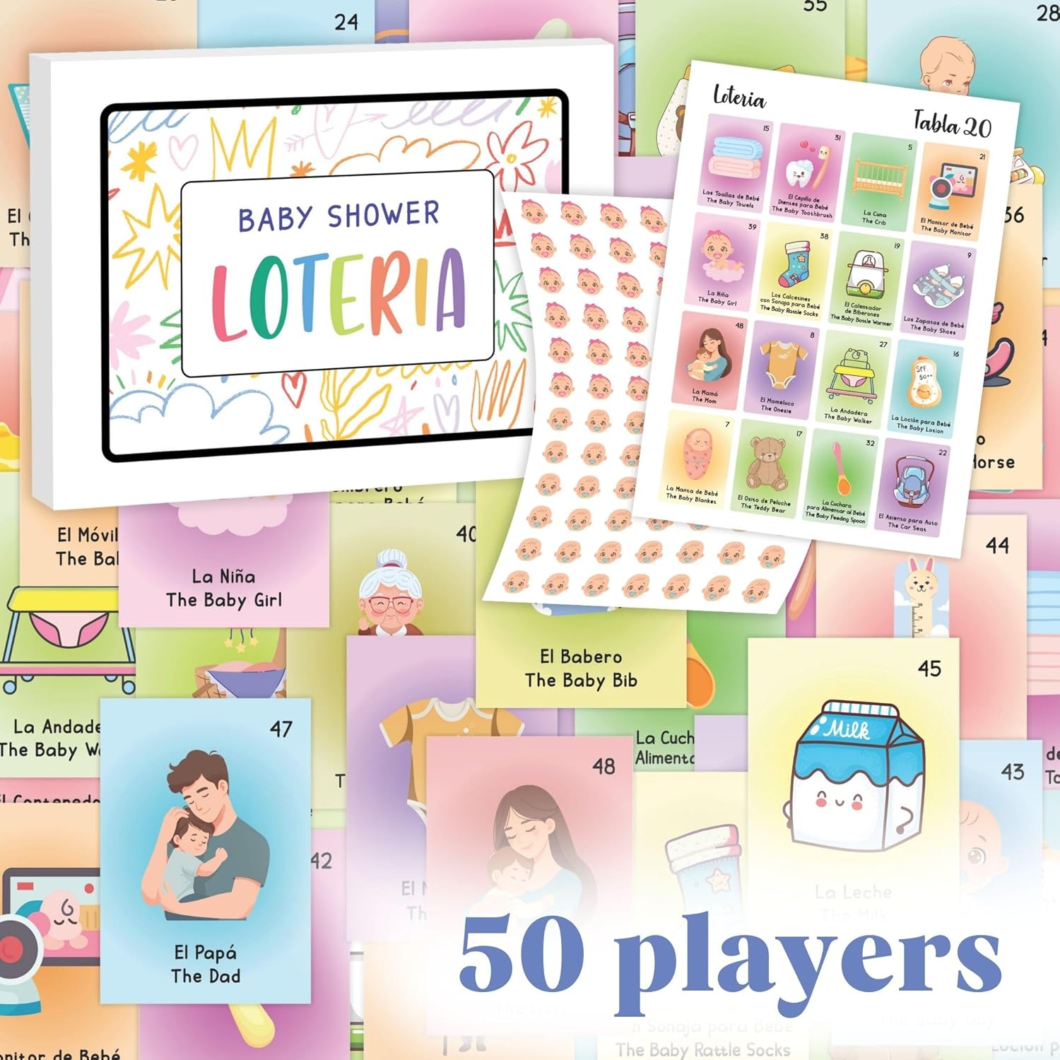 Baby Shower Games For Girls And Boys - Baby Shower Loteria Bilingual Activities For Kids Ideas, Funny Party Bingo Game Loteria Cards In Spanish And English For 50 Players