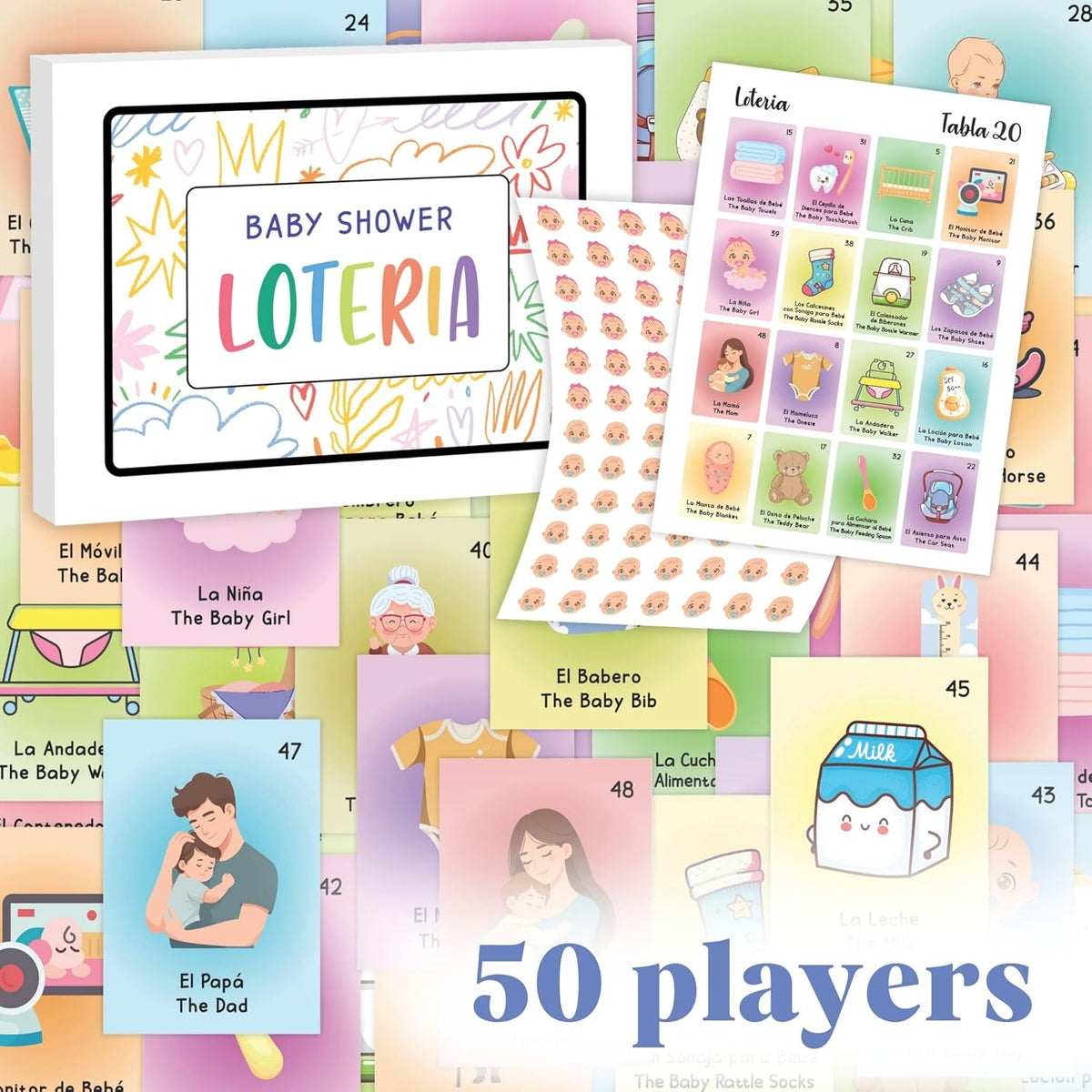 Baby Shower Games For Girls And Boys - Baby Shower Loteria Bilingual Activities For Kids Ideas, Funny Party Bingo Game Loteria Cards In Spanish And English For 50 Players