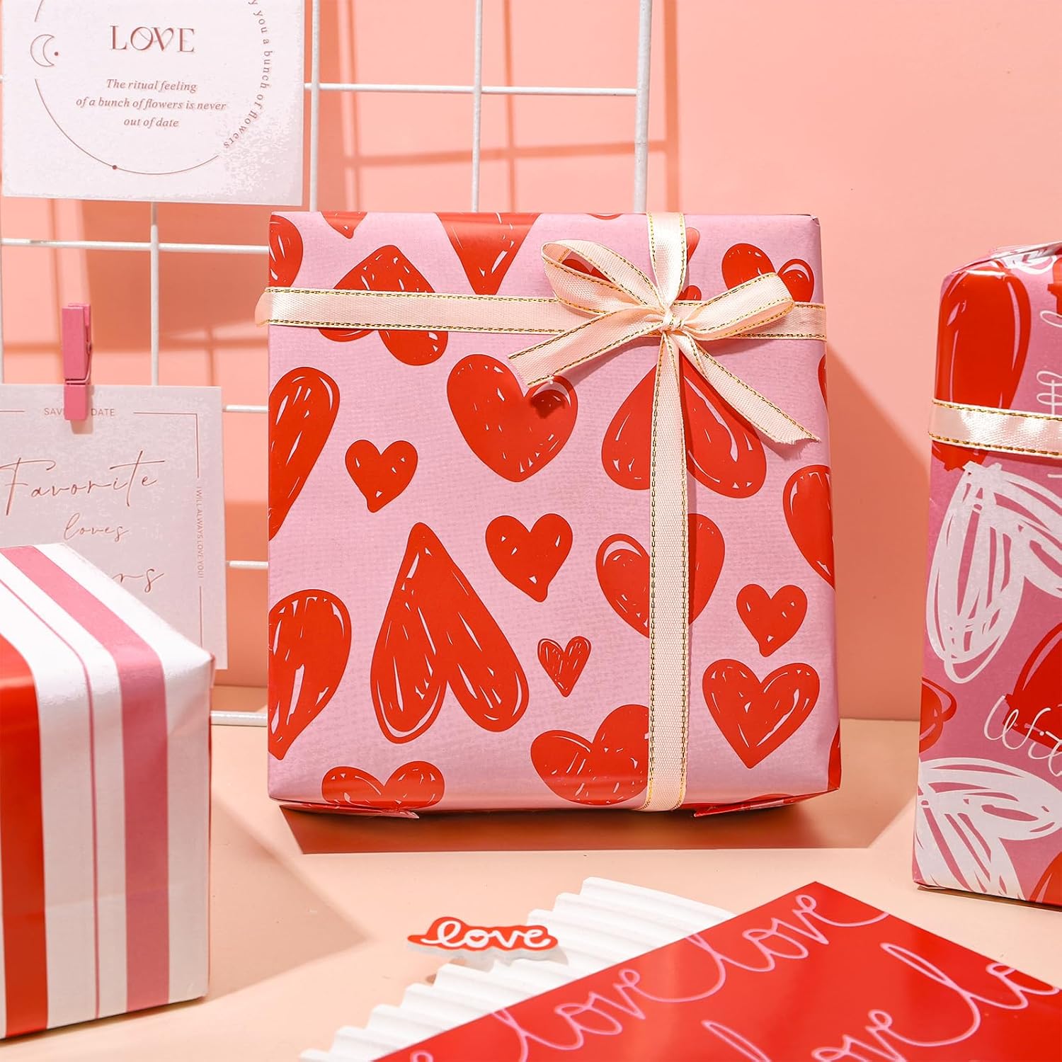 12 Sheet Valentine'S Day Love Heart Wrapping Paper Wedding Gift Wrap Paper Folded Flat Red Pink White Diy Craft Art Paper For Birthday Wedding Party Supplies, 19.7 X 27.6 Inch