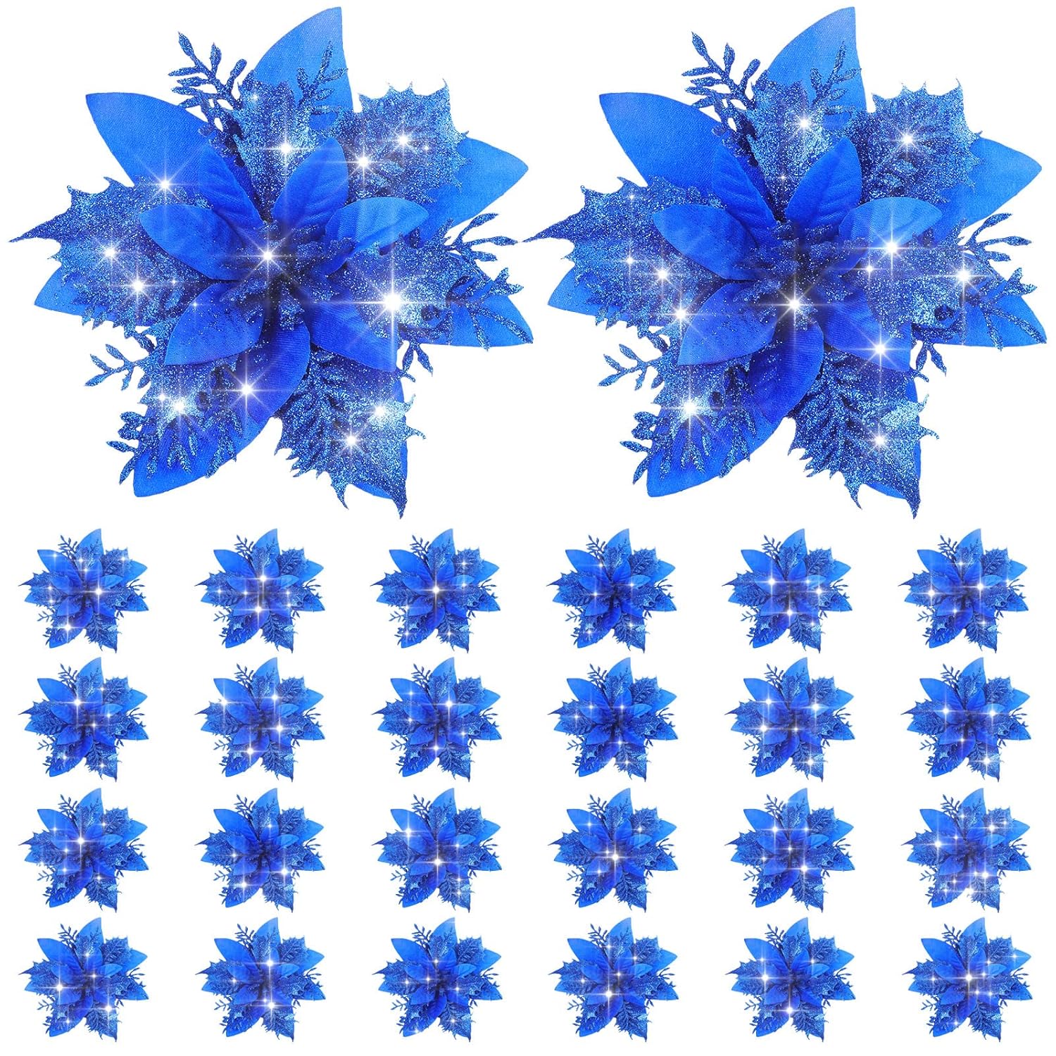 24 Pieces Poinsettia Christmas Decorations Glitter Poinsettia Flowers 5.5 Inch Poinsettias Artificial Christmas Flowers For Christmas Tree Ornament Party Decorations Wreath Garlands(Royal Blue)