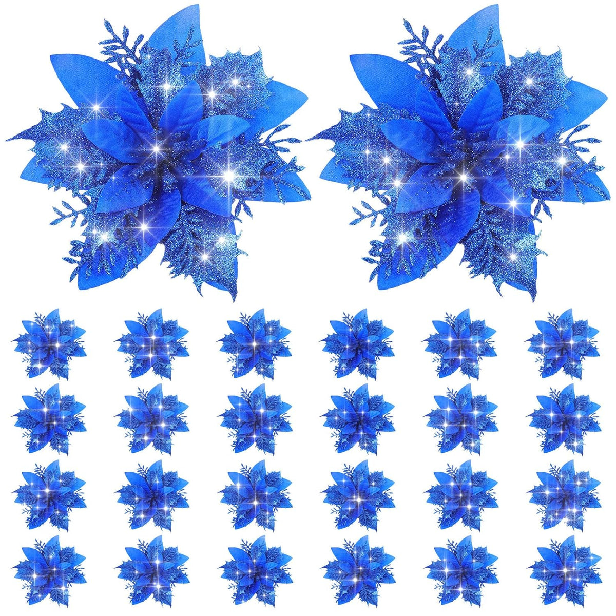 24 Pieces Poinsettia Christmas Decorations Glitter Poinsettia Flowers 5.5 Inch Poinsettias Artificial Christmas Flowers For Christmas Tree Ornament Party Decorations Wreath Garlands(Royal Blue)