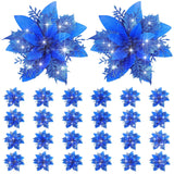 24 Pieces Poinsettia Christmas Decorations Glitter Poinsettia Flowers 5.5 Inch Poinsettias Artificial Christmas Flowers For Christmas Tree Ornament Party Decorations Wreath Garlands(Royal Blue)