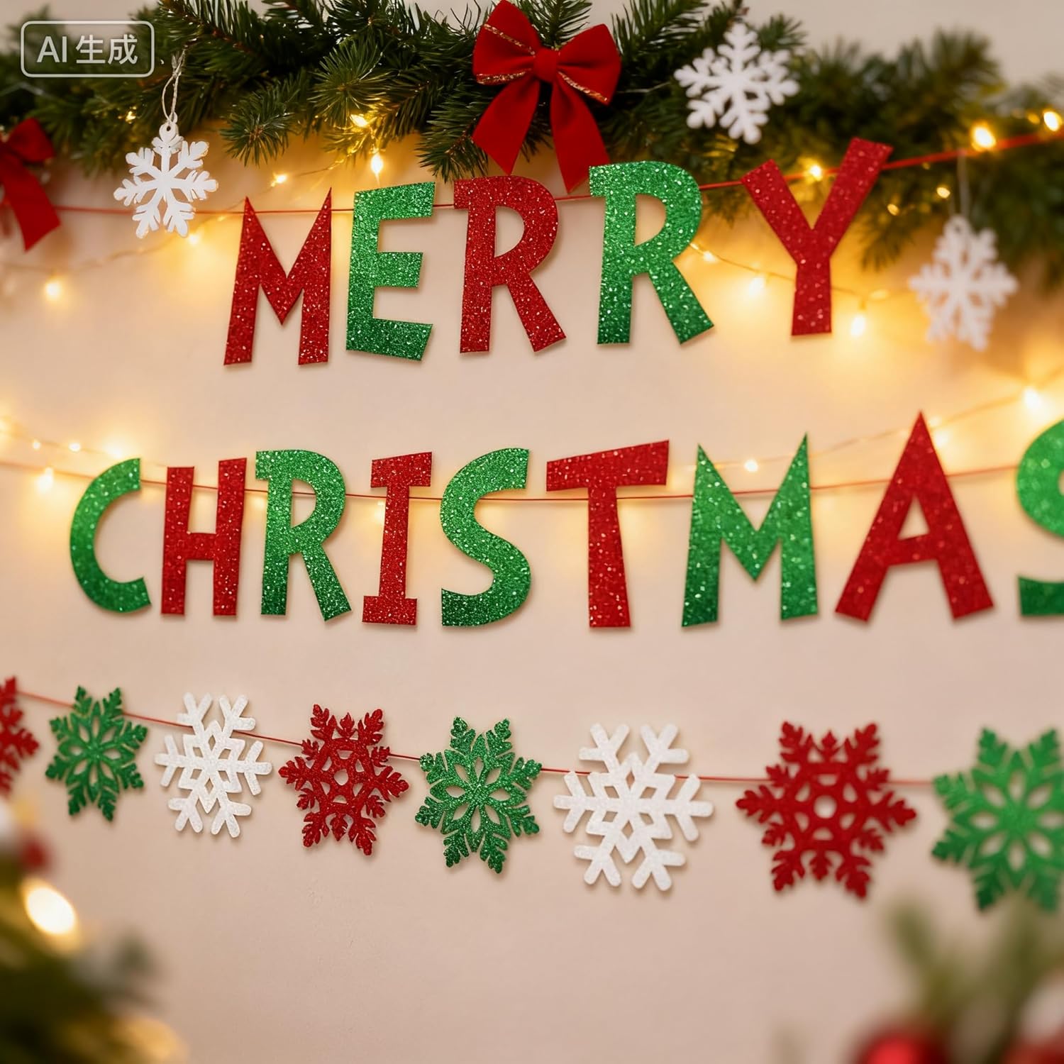 Christmas Party Decorations - Glitter Merry Christmas Banner Red & Green Christmas Bunting Garland For Indoor Home Office Fireplace Mantel Farmhouse