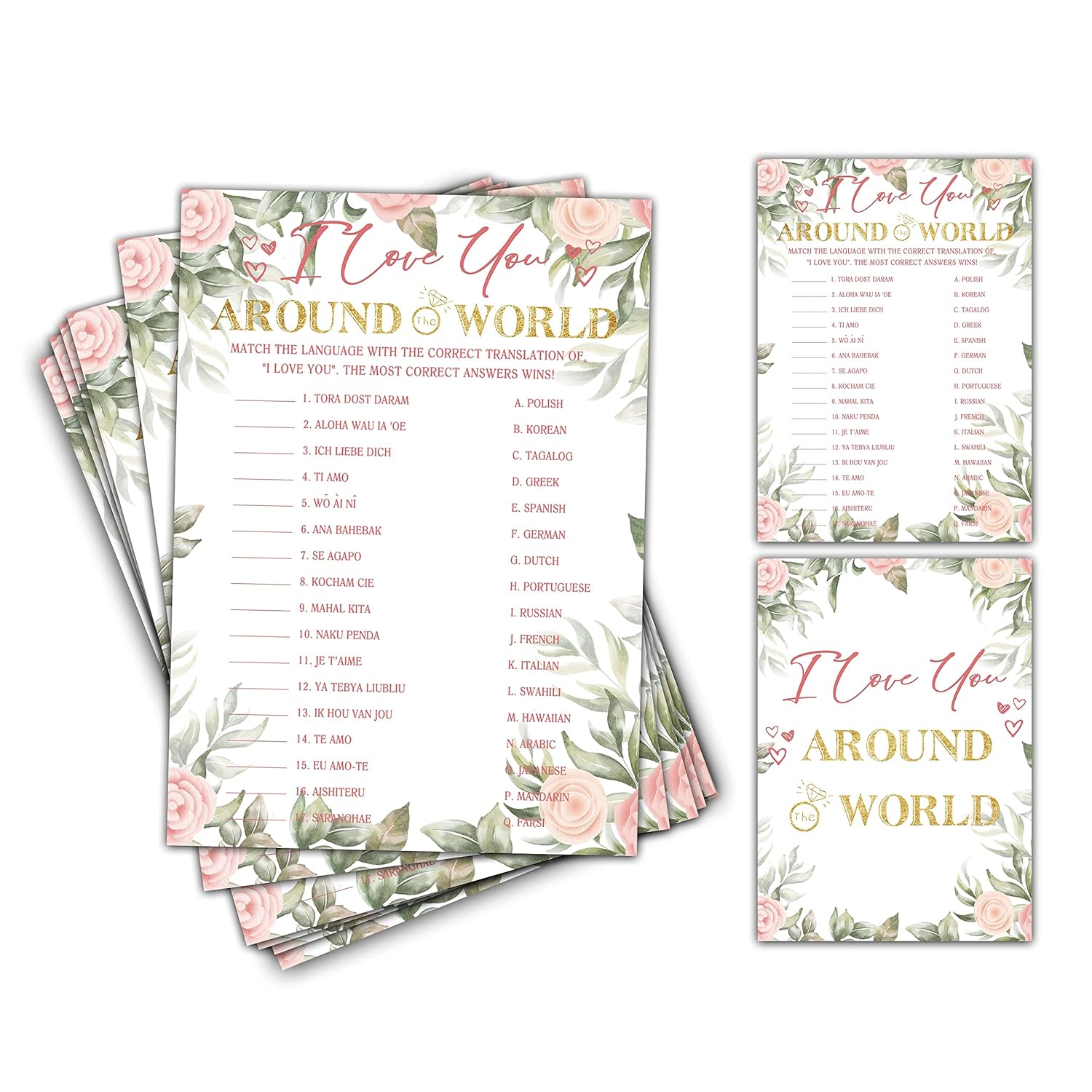 Bridal Shower Games - I Love You Around The World Wedding Party Game - Boho Floral Greenery Bachelorette/Engagement Party Supplies Activities - Pack Of 30 Game Cards & 1 Answer Card (A05)