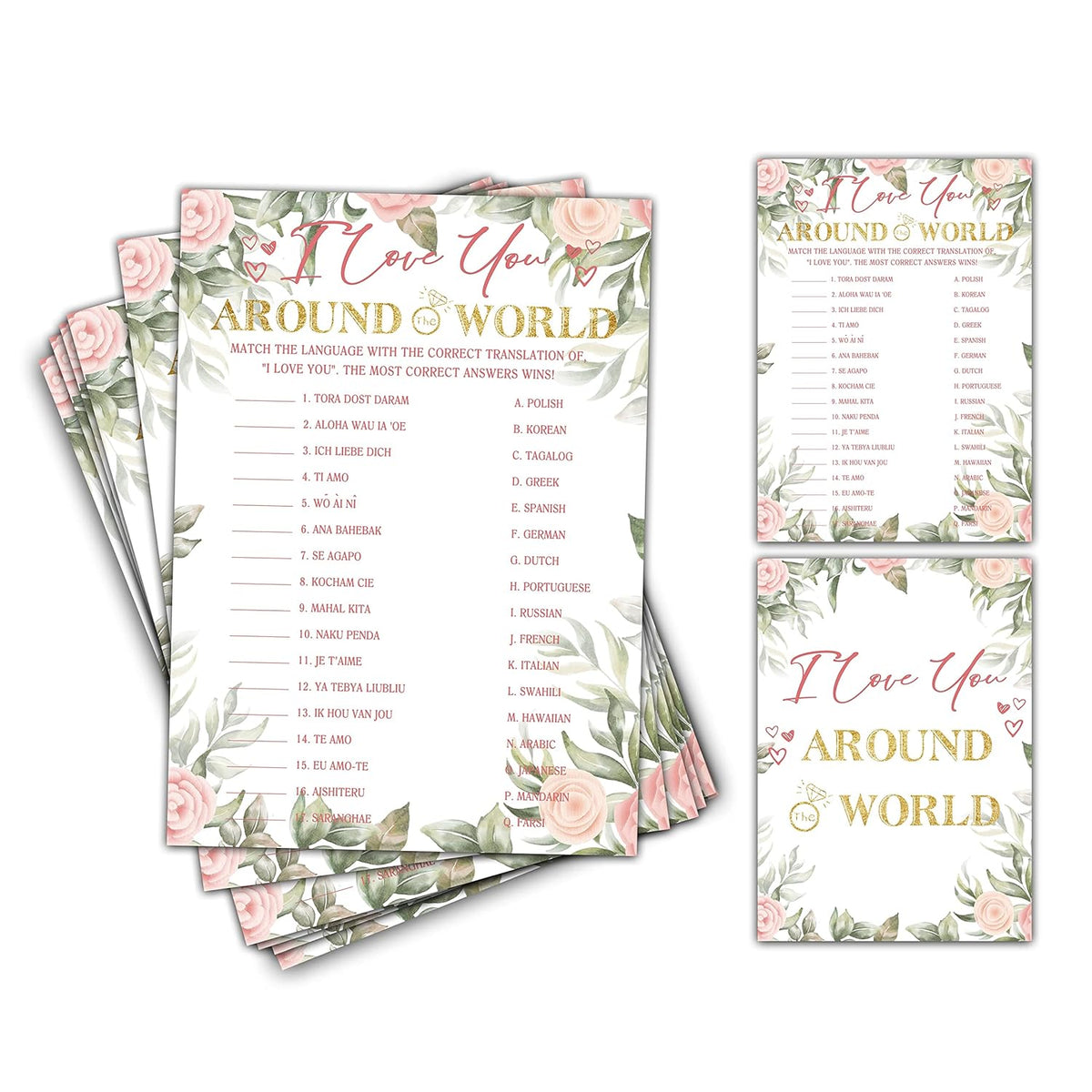 Bridal Shower Games - I Love You Around The World Wedding Party Game - Boho Floral Greenery Bachelorette/Engagement Party Supplies Activities - Pack Of 30 Game Cards & 1 Answer Card (A05)
