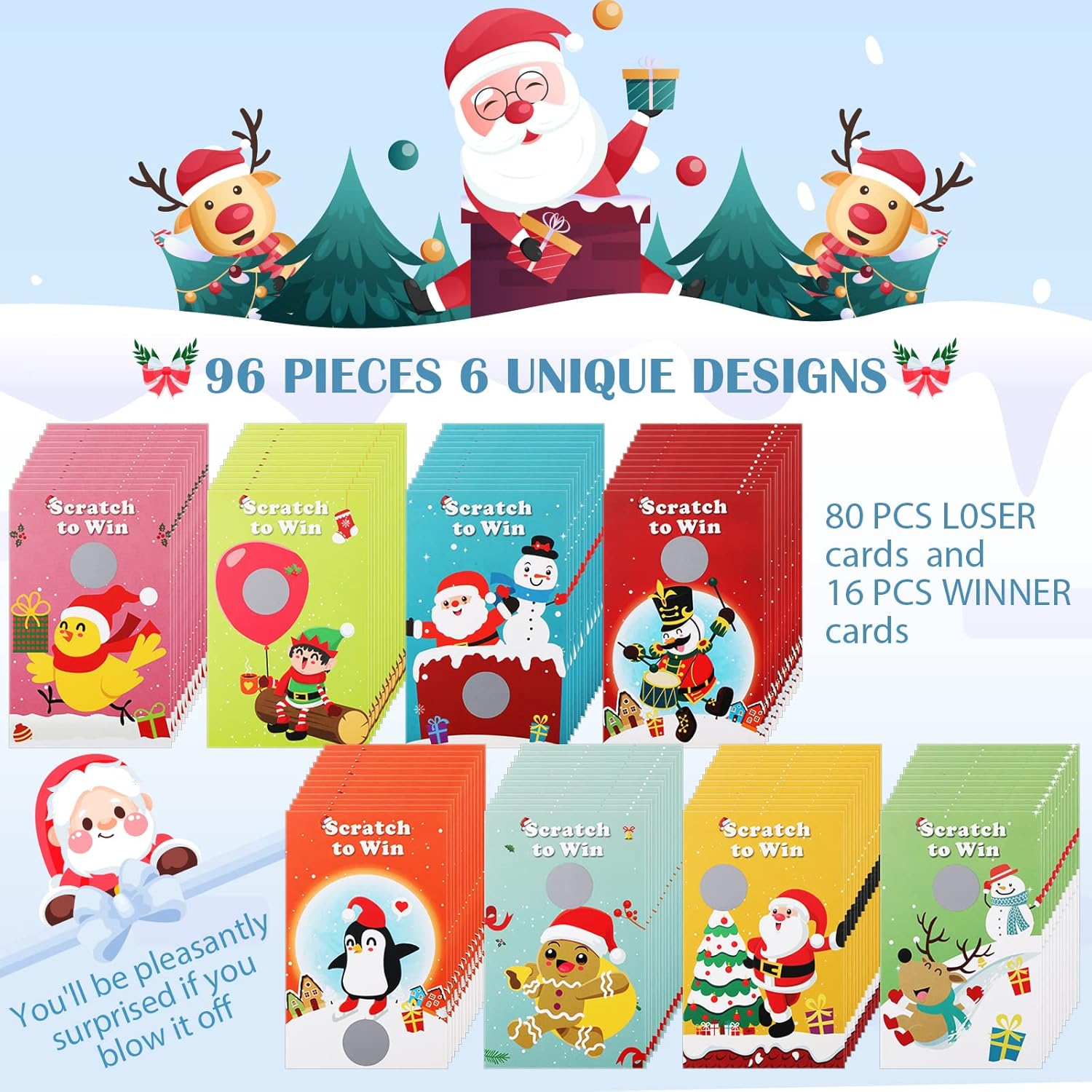 96 Pcs Christmas Scratch Off Cards Christmas Party Scratch Games Raffle Tickets With Patterns Of Snowman Elk Santa Claus For Adults Groups Activity Xmas Party Supplies (Cute Style)