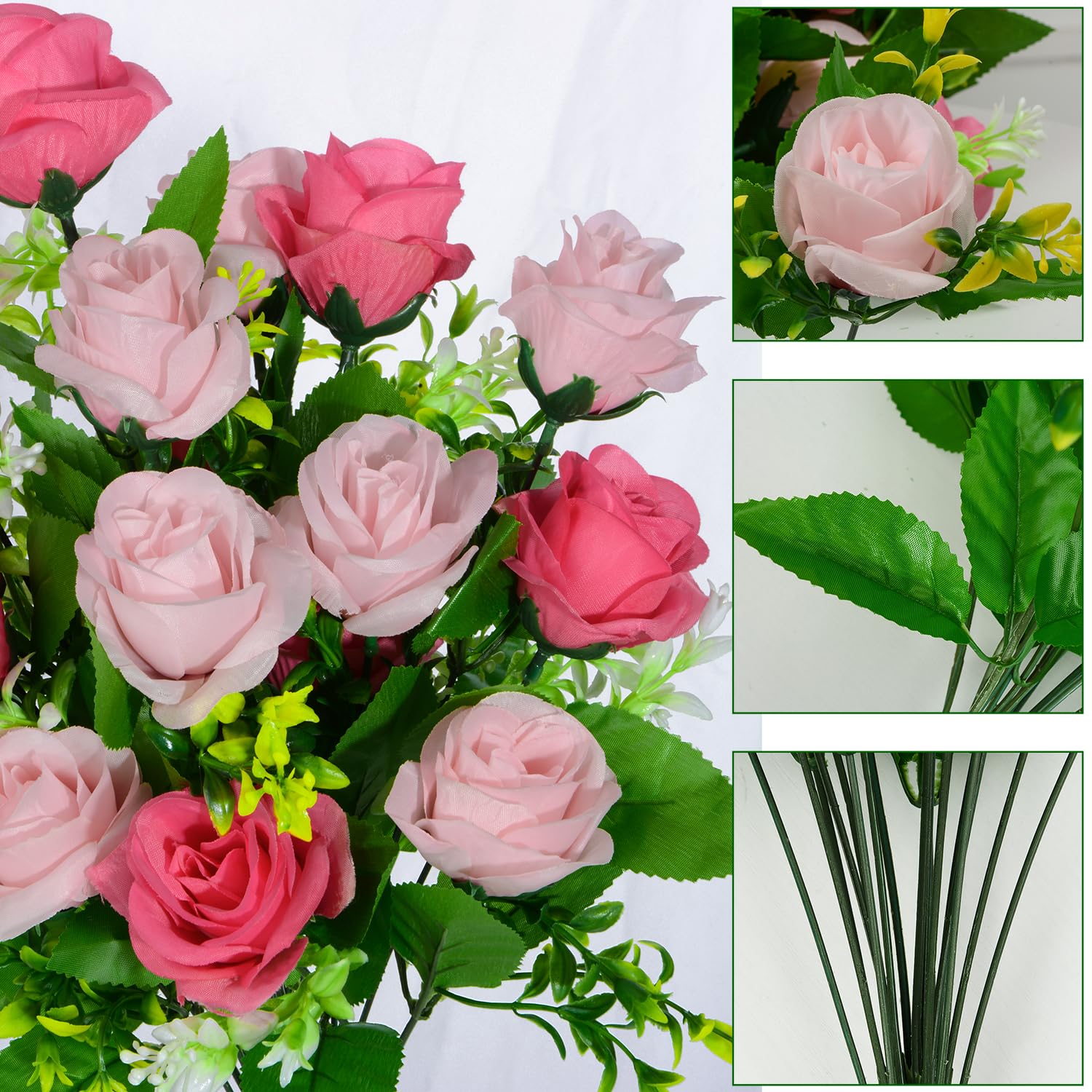 Artificial Cemetery Flowers, Set Of 2 Artificial Rose Bouquet Graveyard Memorial Flowers With Vase For Cemetery Headstones Decoration (Pink-2Pcs)
