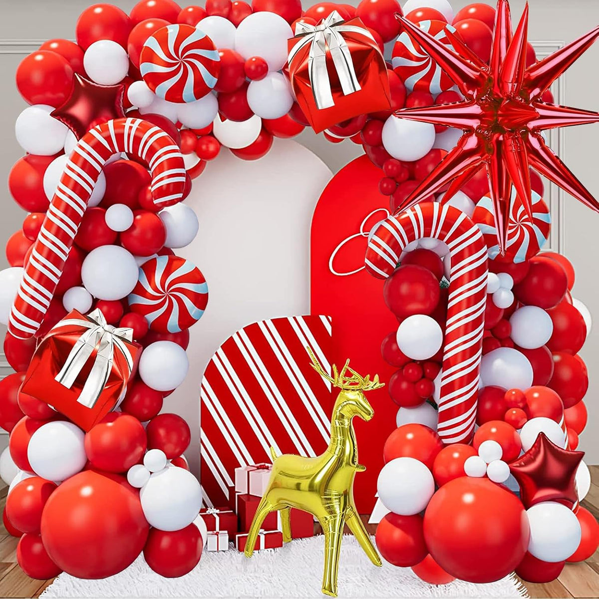 149 Pcs Christmas Balloon Garland Arch Kit, Red White Balloon Candy Cane Balloons Gift Box Balloons For Christmas Party Decorations