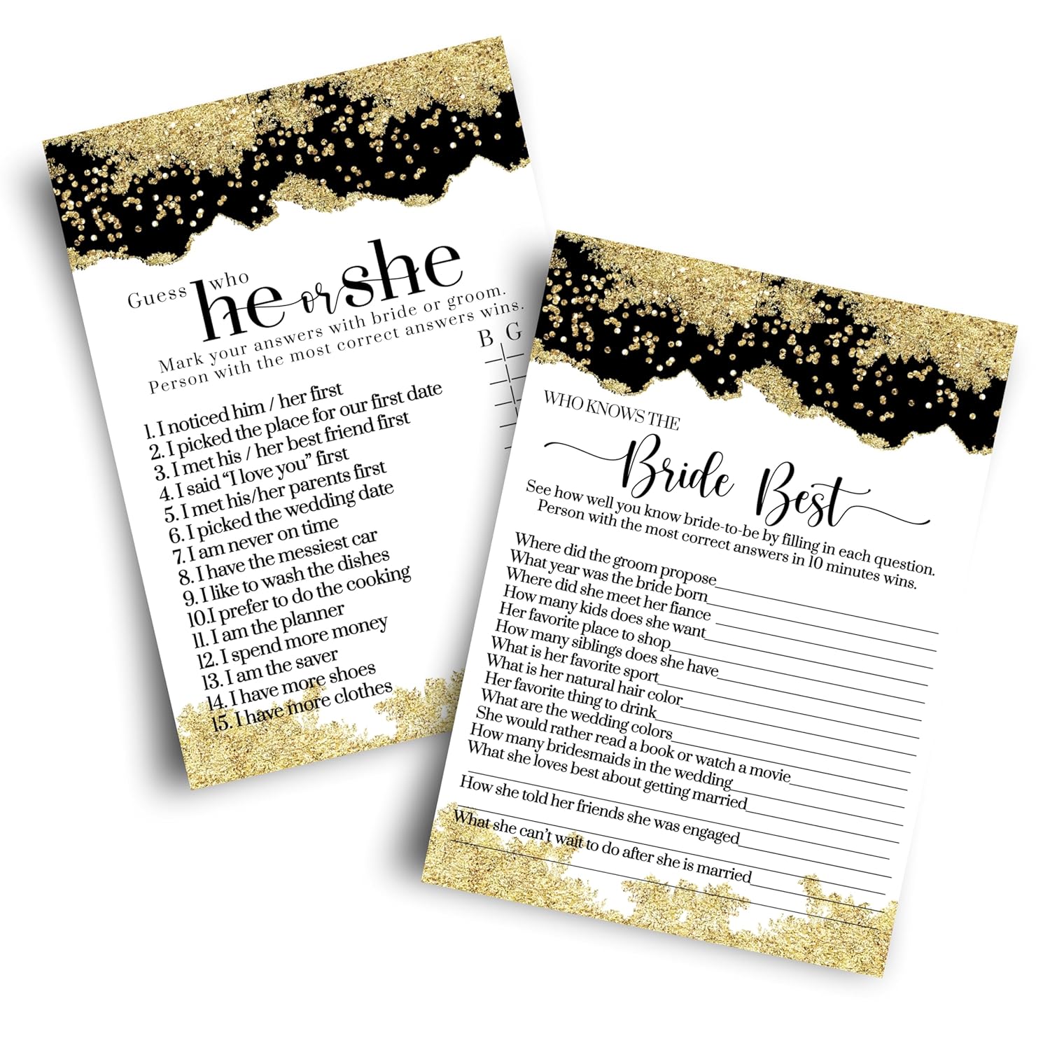 Black And Gold Bridal Shower Games - He Said Or She Said & Who Knows The Bride Best - 25 Double-Sided Cards Bundle - Fun Ideas For Engagement Parties, Rehearsal Dinners, Modern Watercolor Design