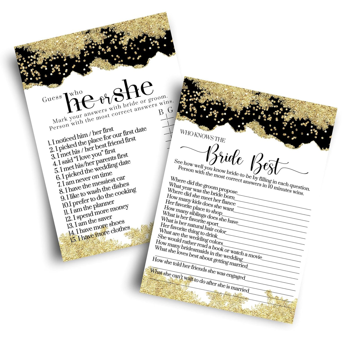 Black And Gold Bridal Shower Games - He Said Or She Said & Who Knows The Bride Best - 25 Double-Sided Cards Bundle - Fun Ideas For Engagement Parties, Rehearsal Dinners, Modern Watercolor Design