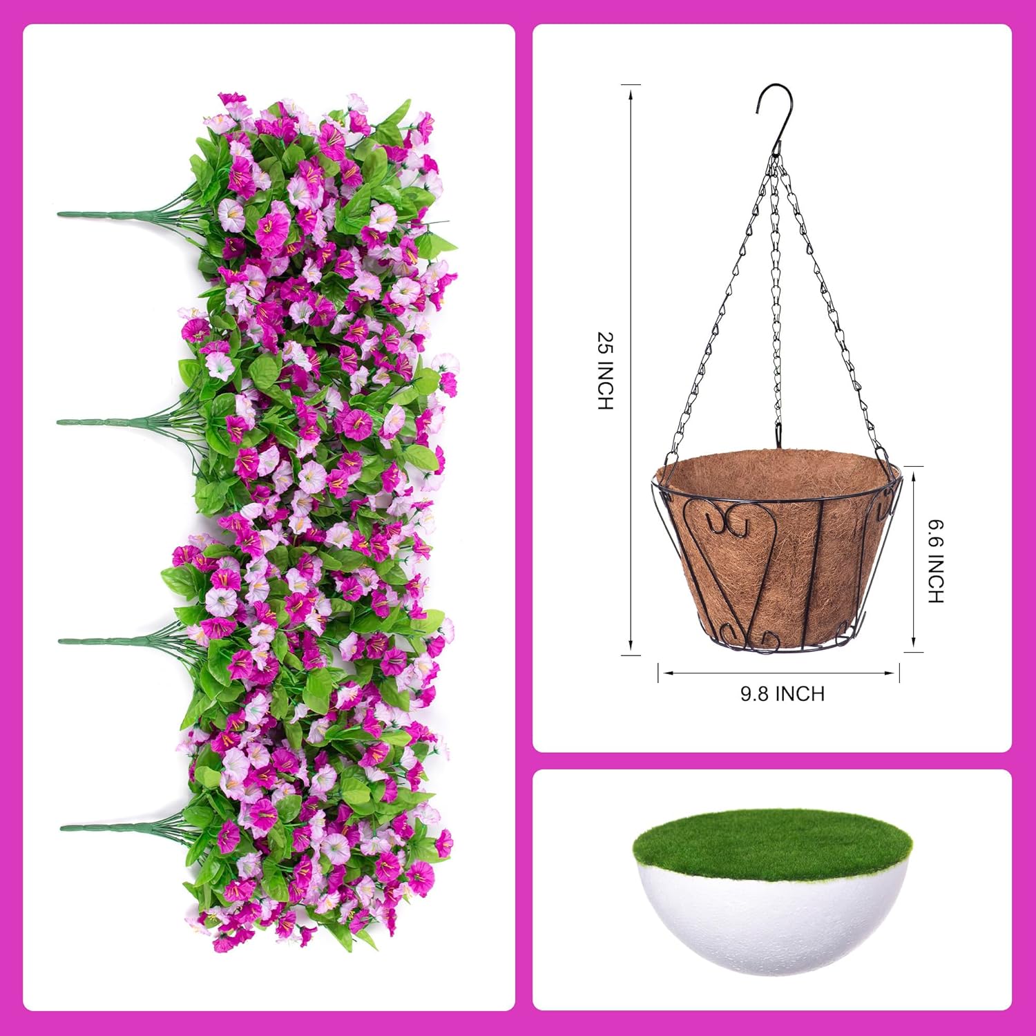 Artificial Flowers With Hanging Basket, Outdoor Faux Plants Silk Morning Glory Vines, Fake Green Arrangement For Garden Patio Spring Summer Decor(Darkorchid)