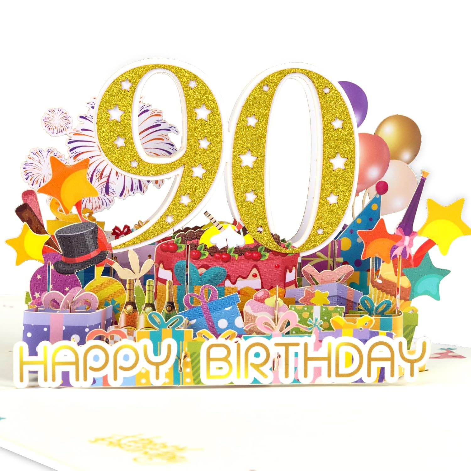 90 Years 0Ld Firework Pop Up Happy Birthday Greeting Card, Ideal Love Gift For Adult And Kid With Blank Note & Envelope, Foldable Celebration For Daughter, Son, Mom, Dad, Friend, Children
