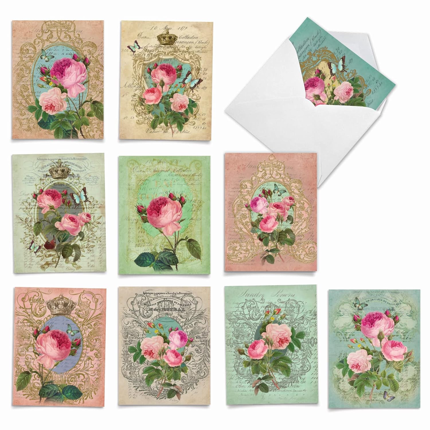 - 10 Boxed Note Cards With Flowers - Blank Assorted Floral Notecards Bulk (4 X 5.12 Inch) - Romance And Roses M2379Ocb