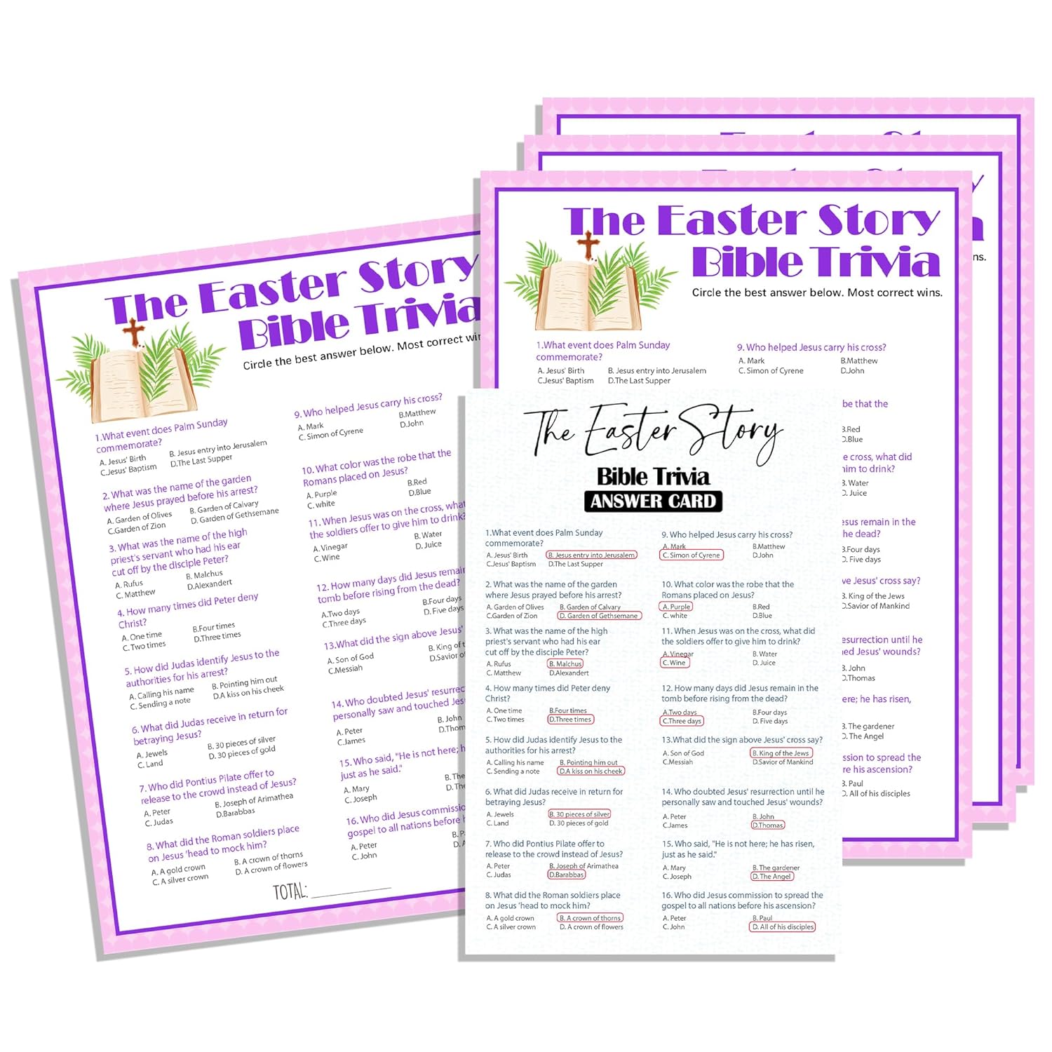 Easter Story Game Kit - 20 Pcs Easter Bible Trivia Game Cards With 1 Answer Card For Teens Adults, Easter Party Family Easter Religious Activity School Sunday Activities Favors (Pink) - A01