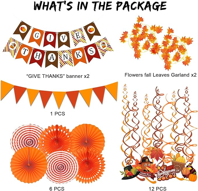 Give Thanks Pumpkin Maple Leaf Banner Bunting Garland Paper Fans Streamers Decor