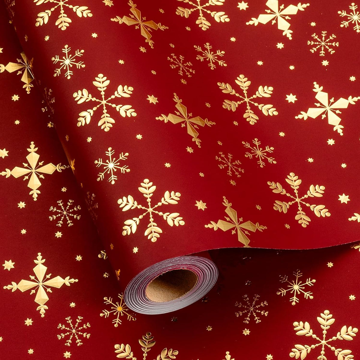 Red Christmas Wrapping Paper Roll - 3D Embossed Gold Foil Metallic Shine Snowfalkes Gift Wrap For Christmas, Winter Holiday, New Year Celebration - Mini Roll - 17 Inch X 33 Feet