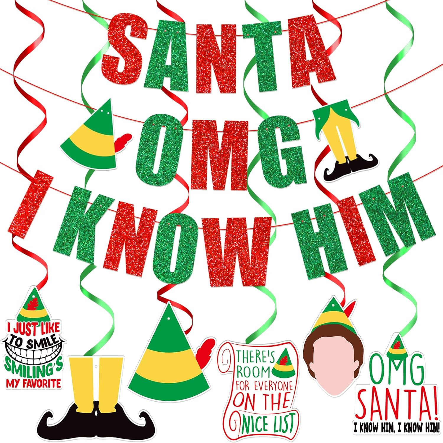 Santa Omg I Know Him Banner,Christmas Party Decorations,Christmas Mantle Home Decor,Buddy The Elf Party Supplies For Kids Boy And Girl