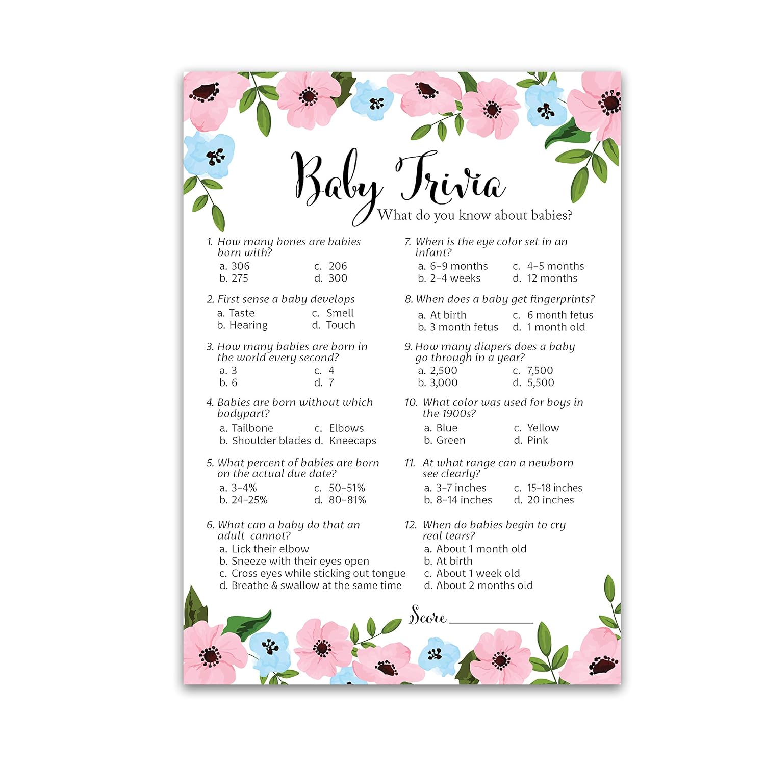 Gender Reveal Party Game — Baby Trivia Game — Pack Of 25 — Pink Or Blue Fun Baby Facts Games, Blue Or Pink Trivia Gender Neutral Floral Baby Shower Games Activities, Coed Couples Shower, Sku G750-Trv