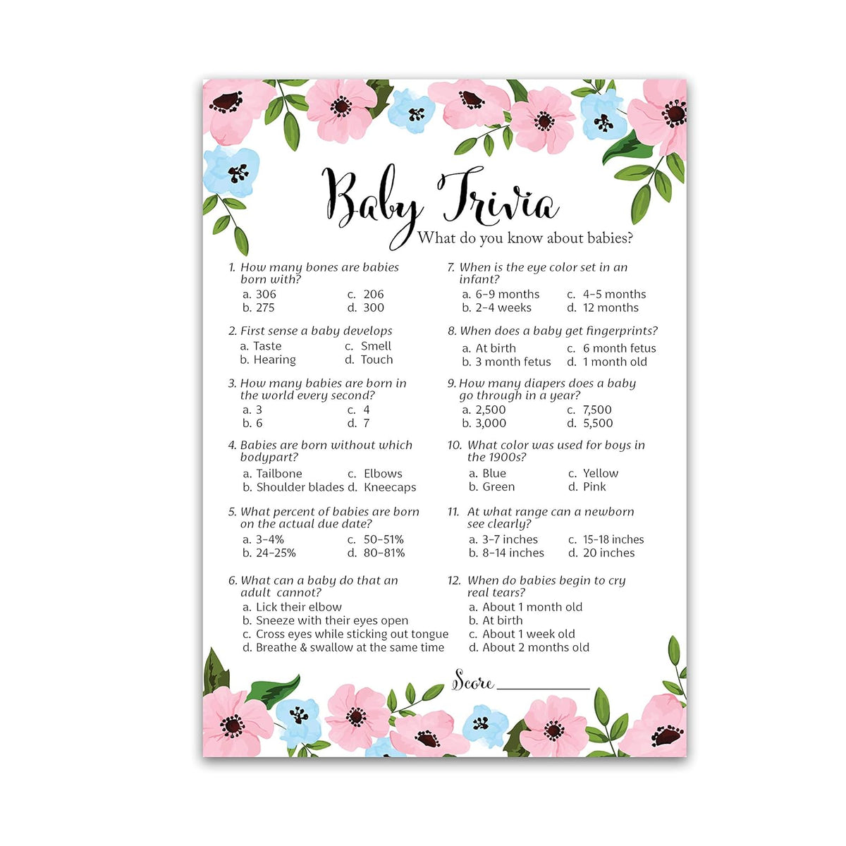 Gender Reveal Party Game — Baby Trivia Game — Pack Of 25 — Pink Or Blue Fun Baby Facts Games, Blue Or Pink Trivia Gender Neutral Floral Baby Shower Games Activities, Coed Couples Shower, Sku G750-Trv