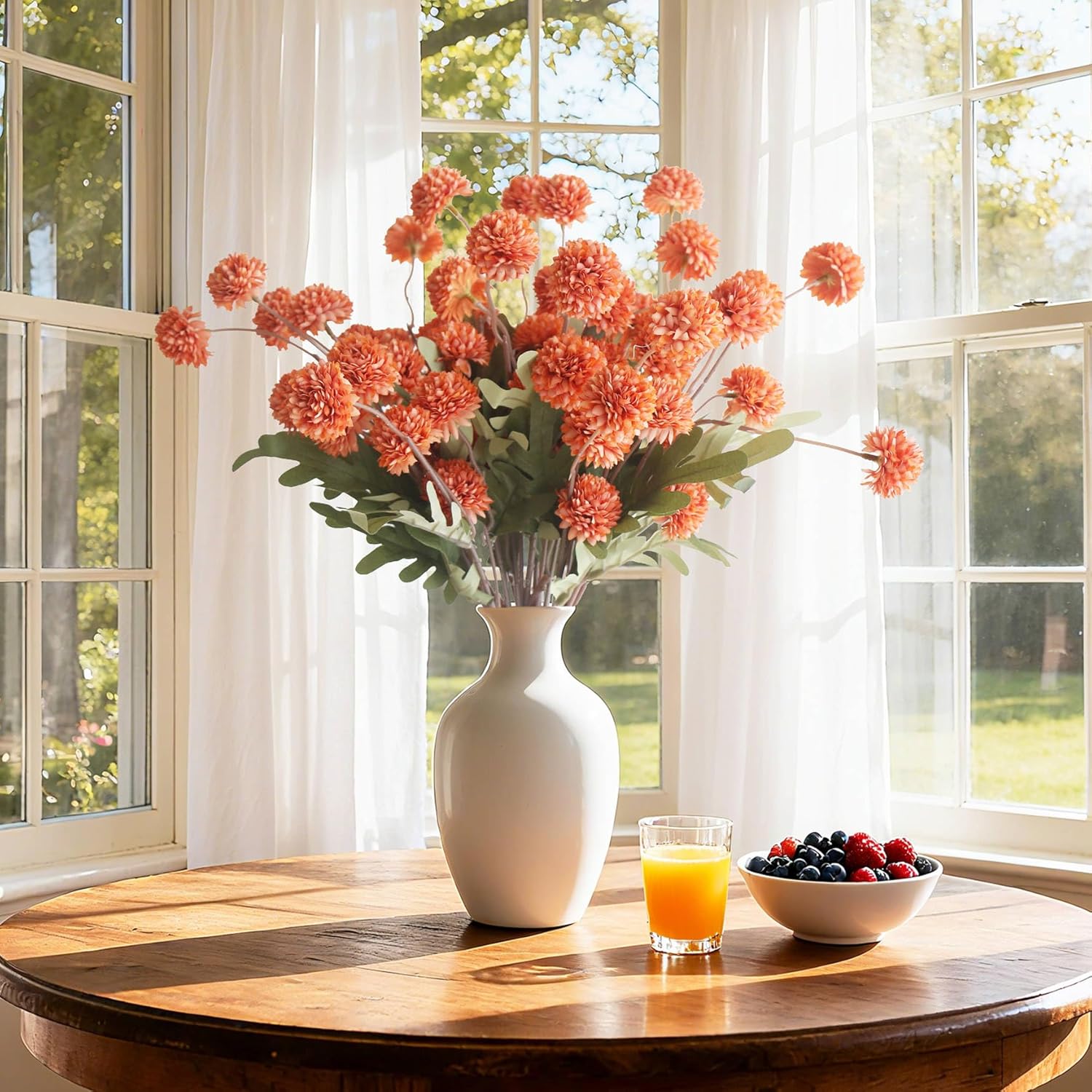 Artificial Flowers Indoor For Vase, 12Pcs Fake Silk Mums Long Stem Flowers, Look Real Mini Chrysanthemum Floral Arrangements For Home Decorations (Creamy Orange)