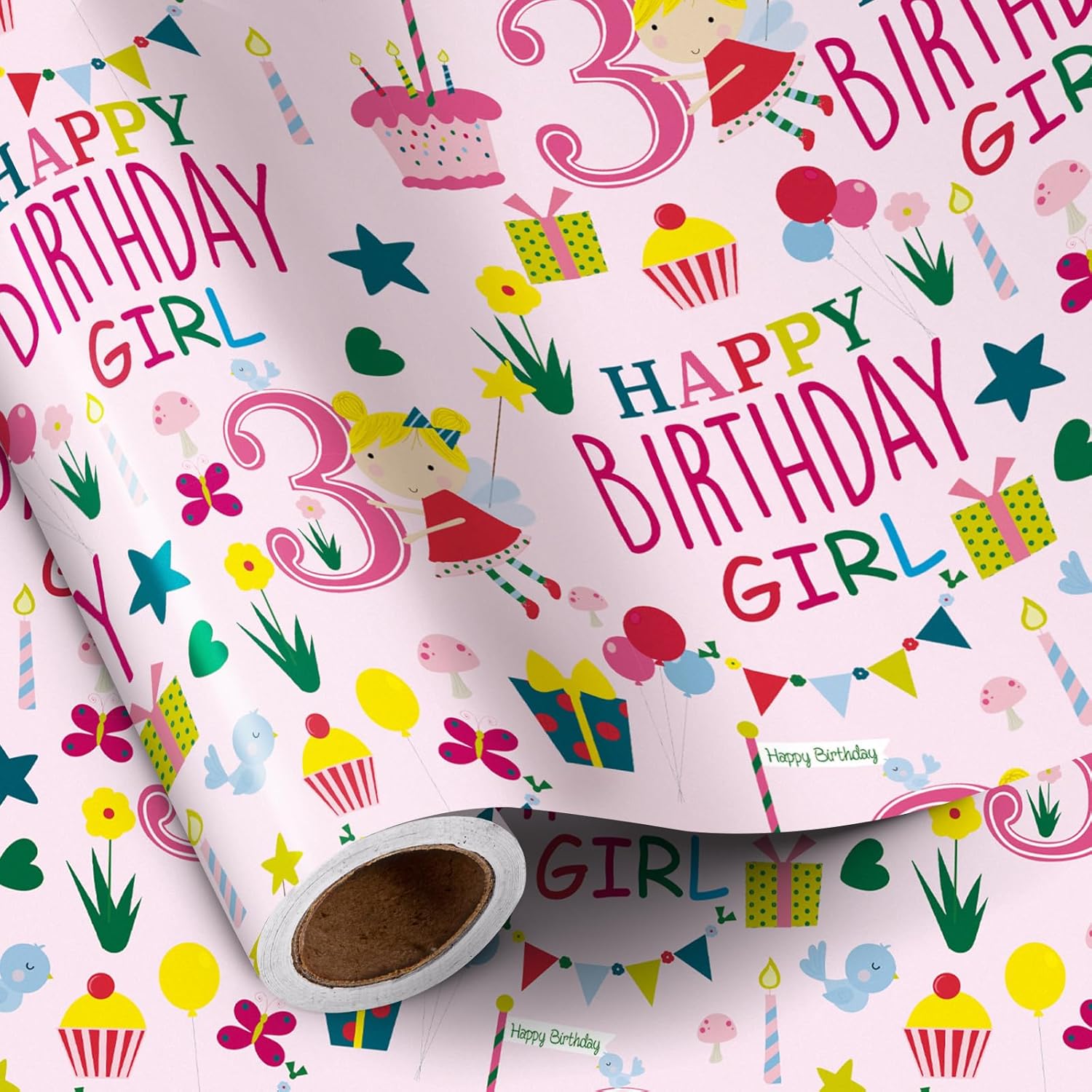 Happy 3Rd Birthday Wrapping Paper Roll For Girls, Mini Roll, Pink Happy Birthday Girl Pattern Design For Party And More, 17 Inches X 16.4 Feet, 3 Years Old