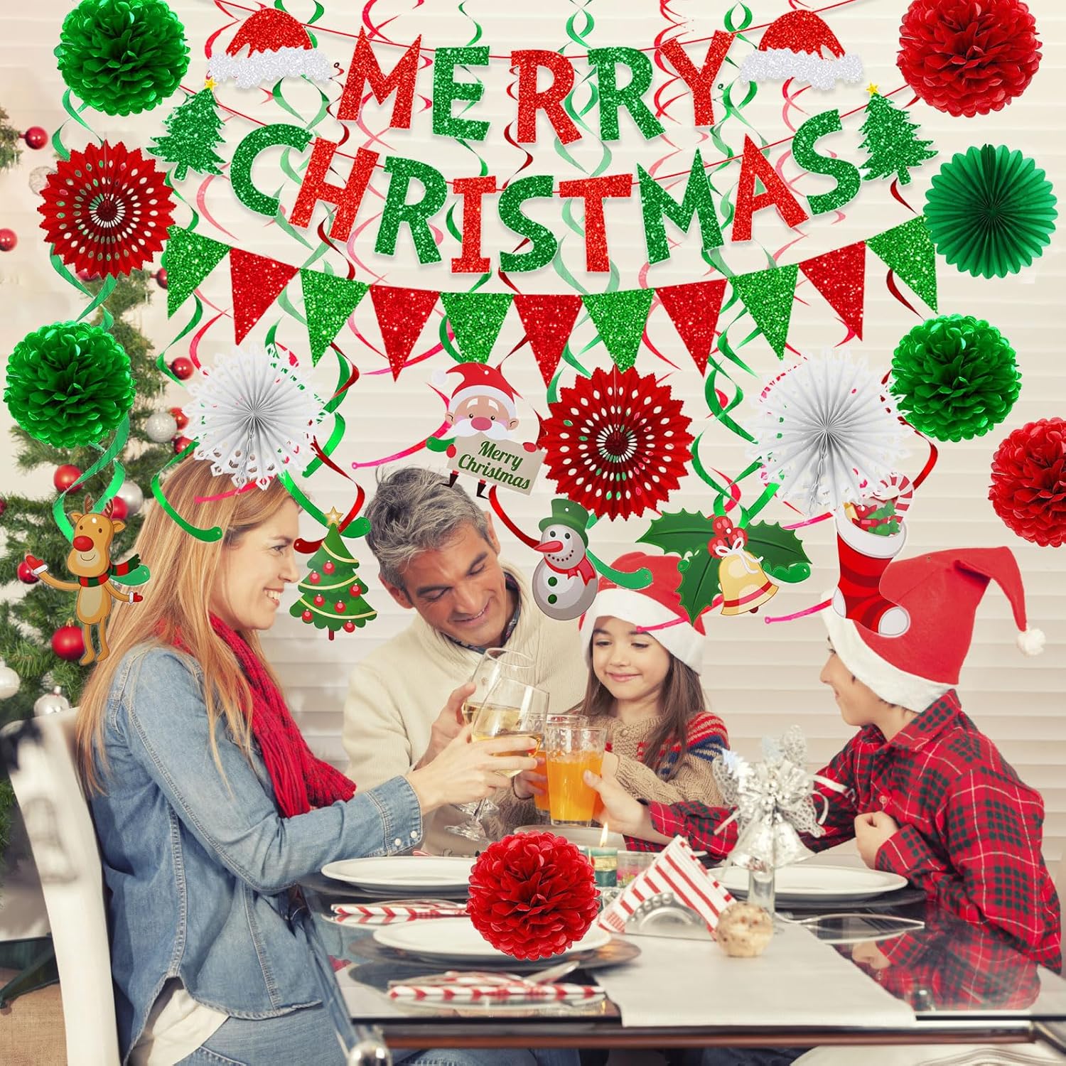 Merry Christmas Paper Banner Triangle Flag Bunting Pom Poms Paper Flower Fan Swirls Streamers Christmas Tree Stocking Bell Santa Claus Garland For Party Decoration