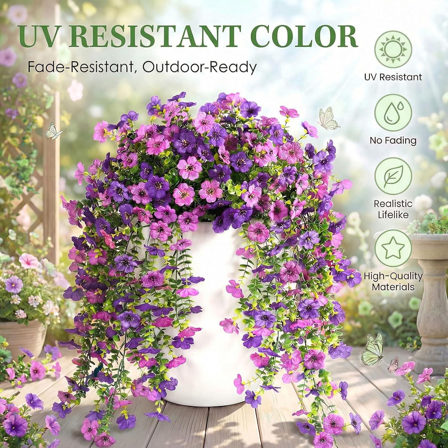 Artificial Flowers For Outdoors, 2Pcs Realistic Faux Hanging Plants Uv Resistant Fake Silk Mums Spring Summer Flowers For Porch Garden Balcony Patio Yard Home And Farmhouse Planter