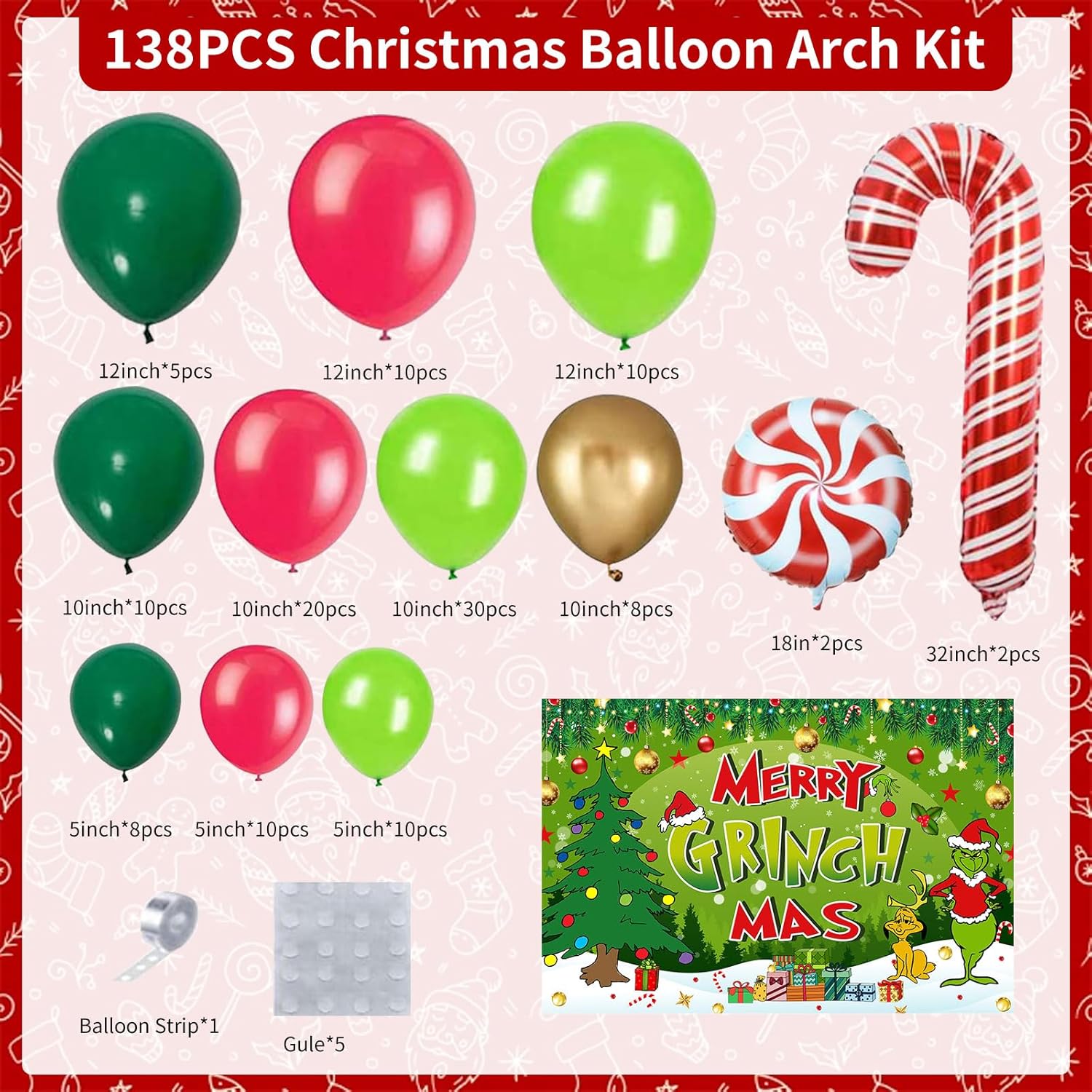 138 Pcs Christmas Balloon Arch Kit Christmas Balloon Garland With Merry Christ Mas Back Drop, Red Green Gold Latex Balloons And Red Candy Cane Lollipop For Xmas Party Decorations